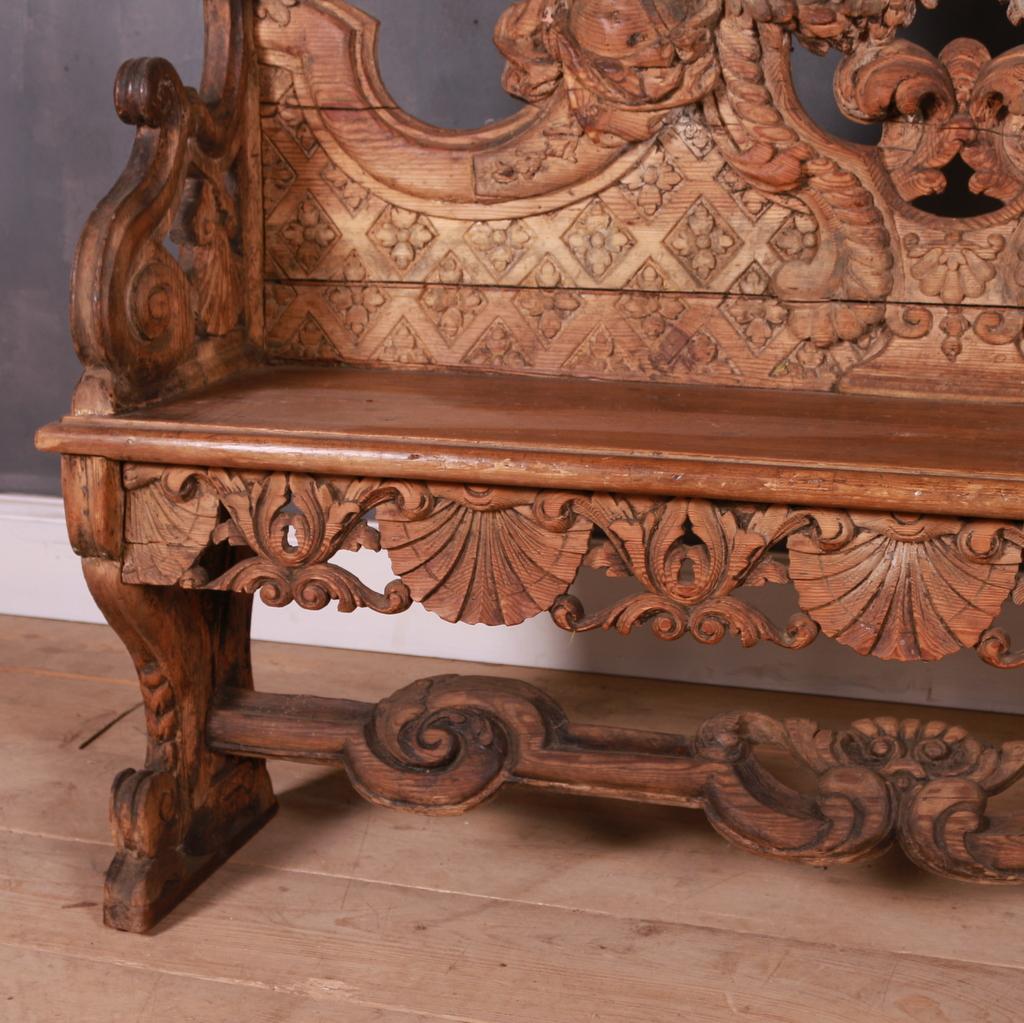 Stunning 18th C Italian carved pine settle with mermaid and scallop shells. 1760.

Seat height is 18