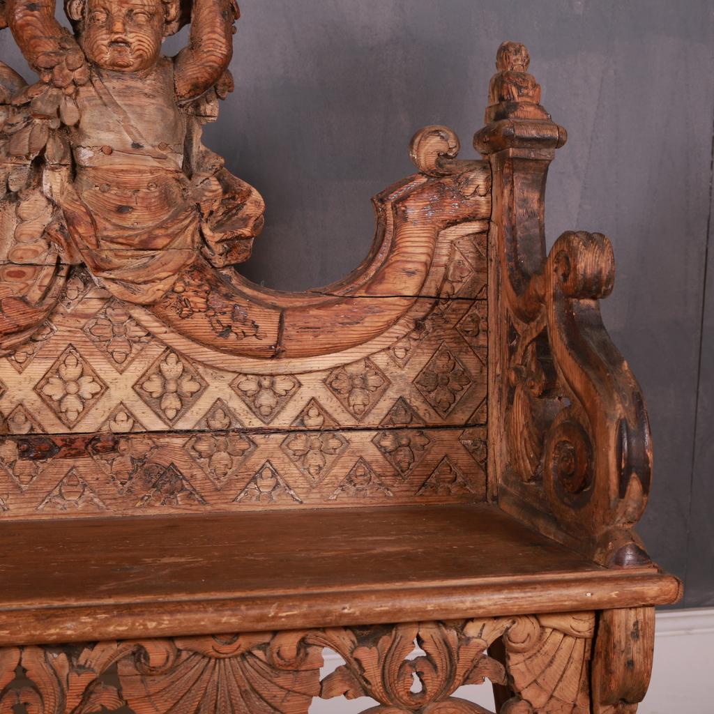 18th C Italian Carved Pine Settle 2