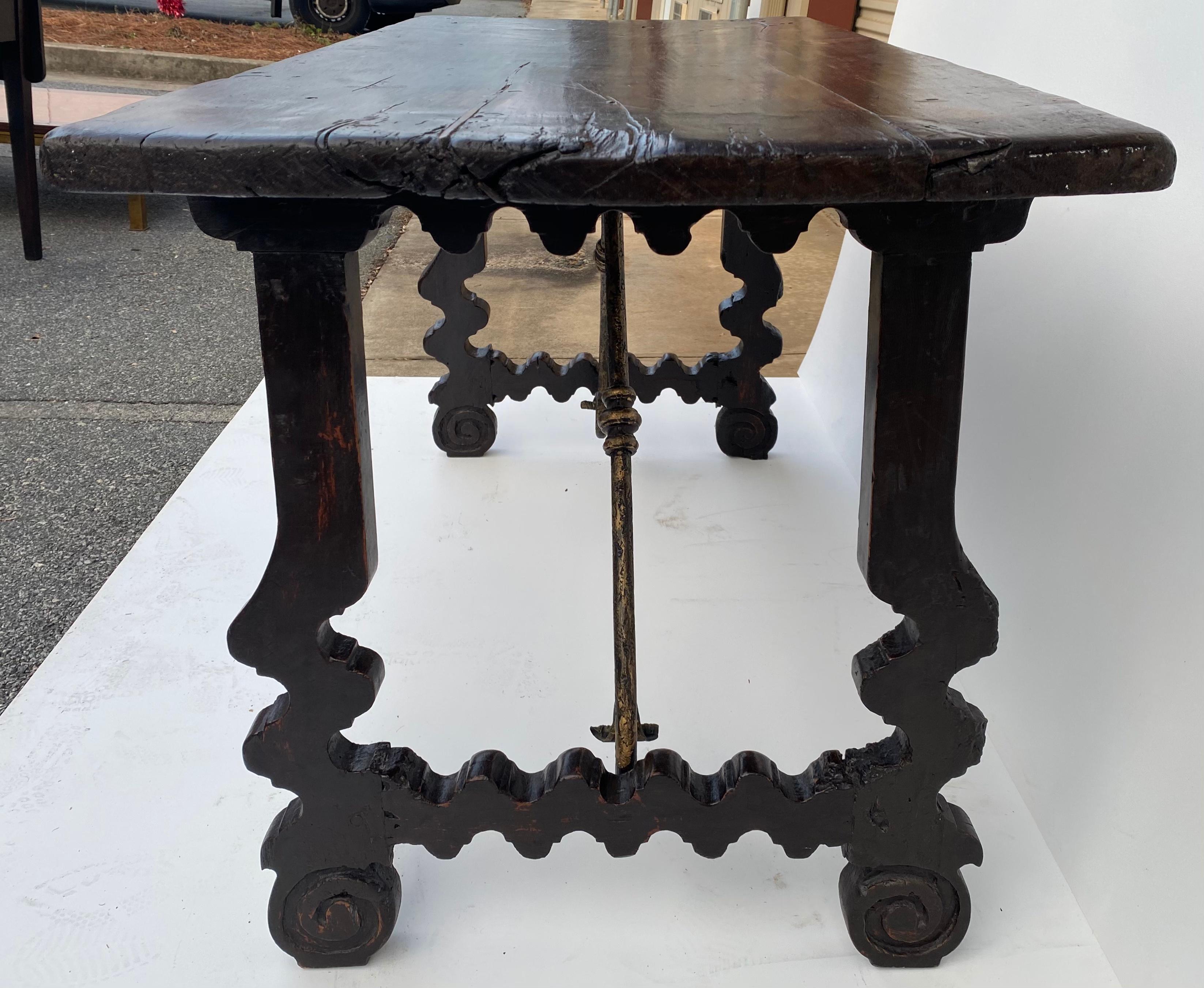 18th Century Italian Carved Walnut Trestle Table with Iron Stretcher 6
