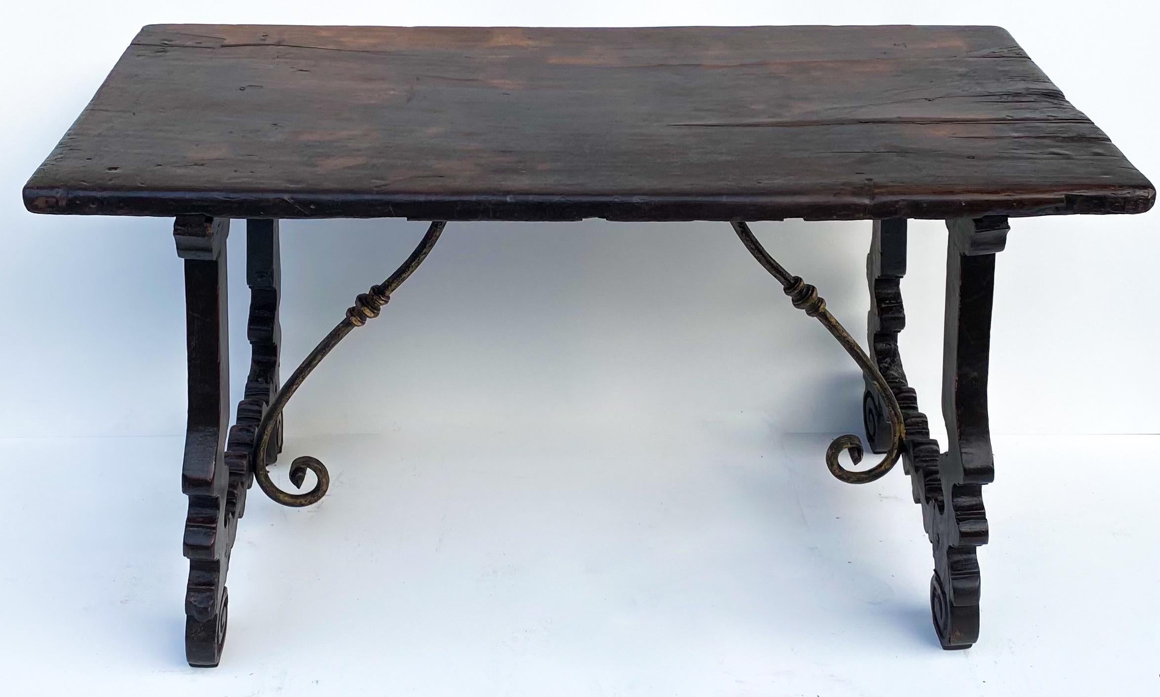 Renaissance Revival 18th Century Italian Carved Walnut Trestle Table with Iron Stretcher