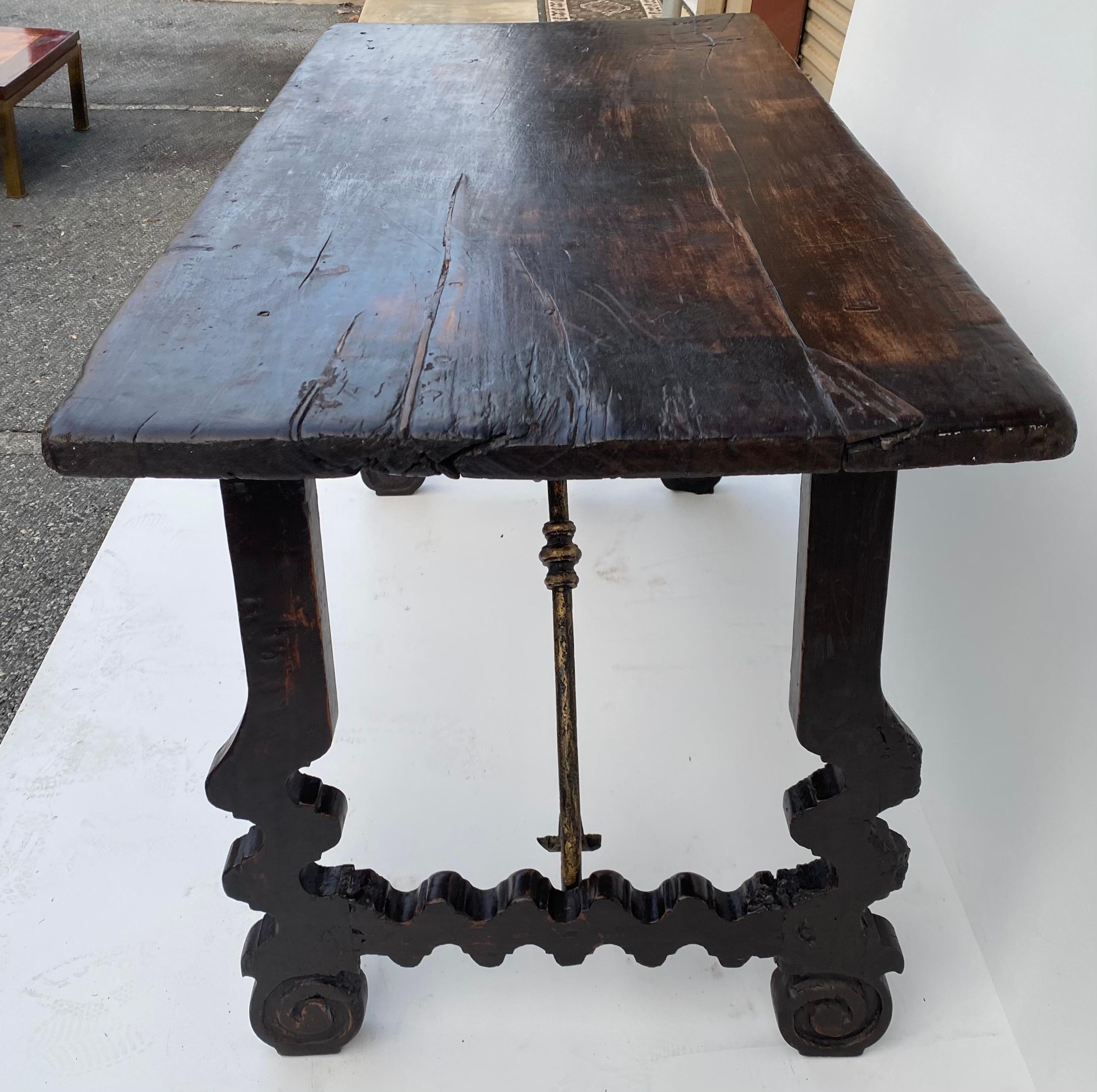 18th Century Italian Carved Walnut Trestle Table with Iron Stretcher 5