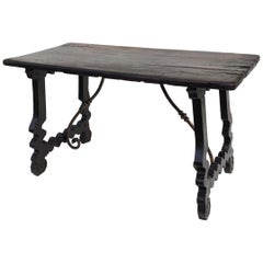 18th Century Italian Carved Walnut Trestle Table with Iron Stretcher