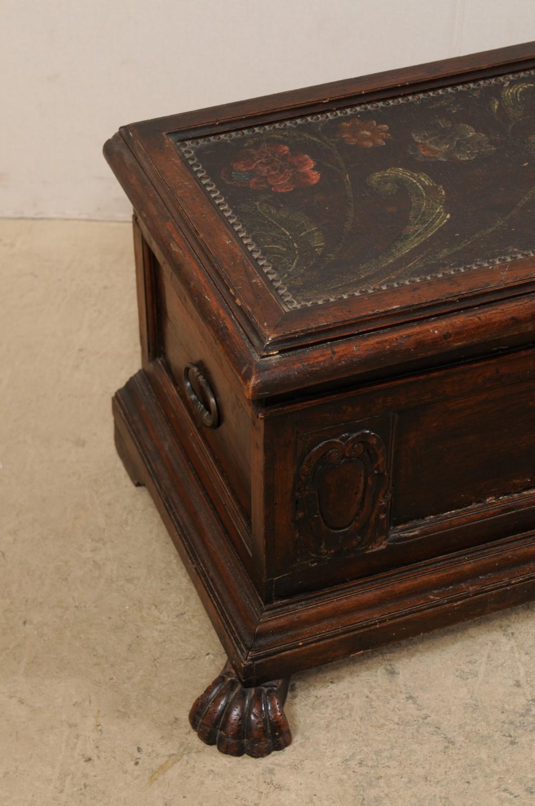 18th Century Italian Cassone with Hand Painted Leather Top and Carved-Paw Feet In Good Condition In Atlanta, GA