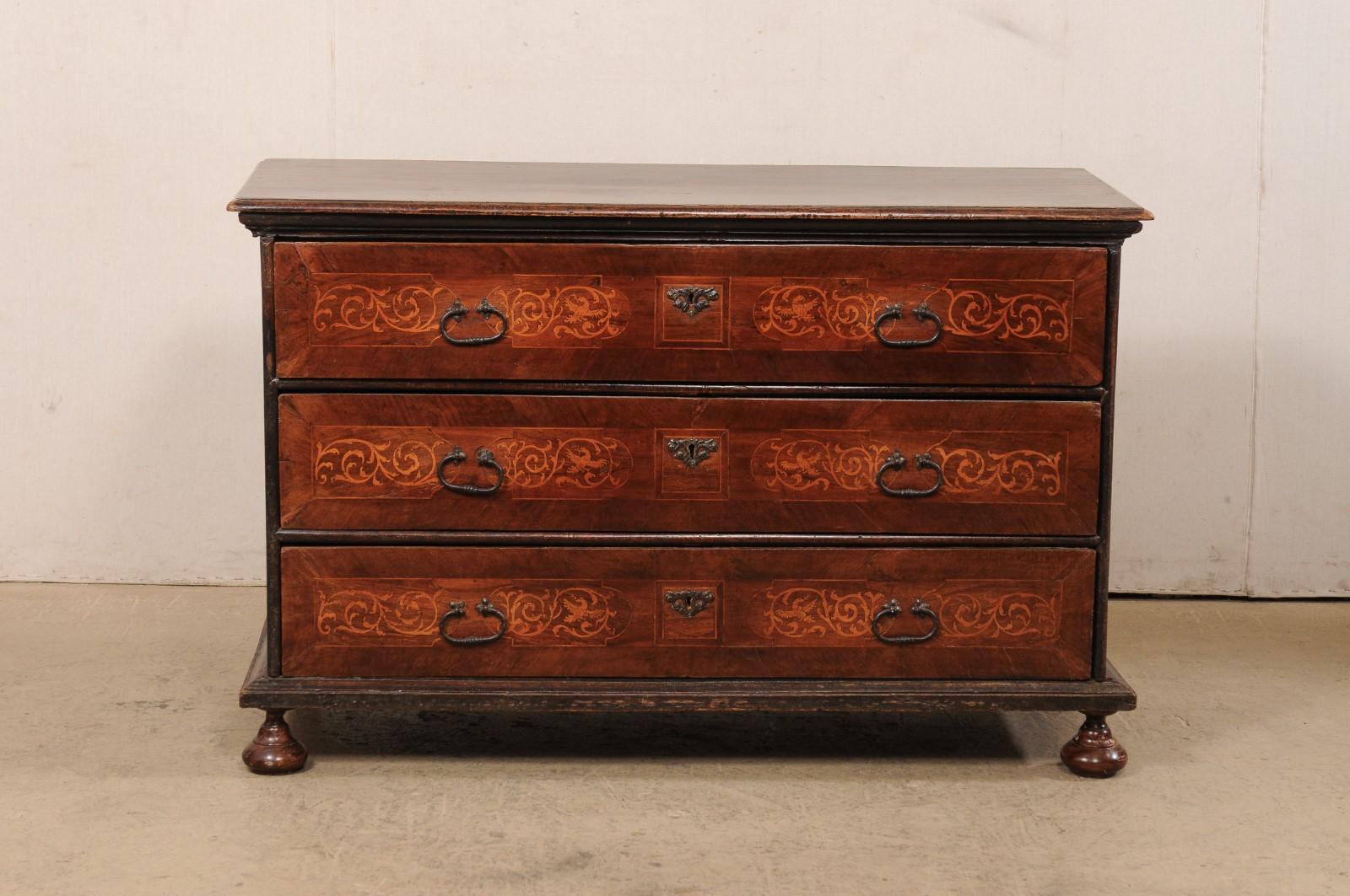 18th C. Italian Chest w/Exquisite Inlay Designs and the Original Hardware For Sale 6
