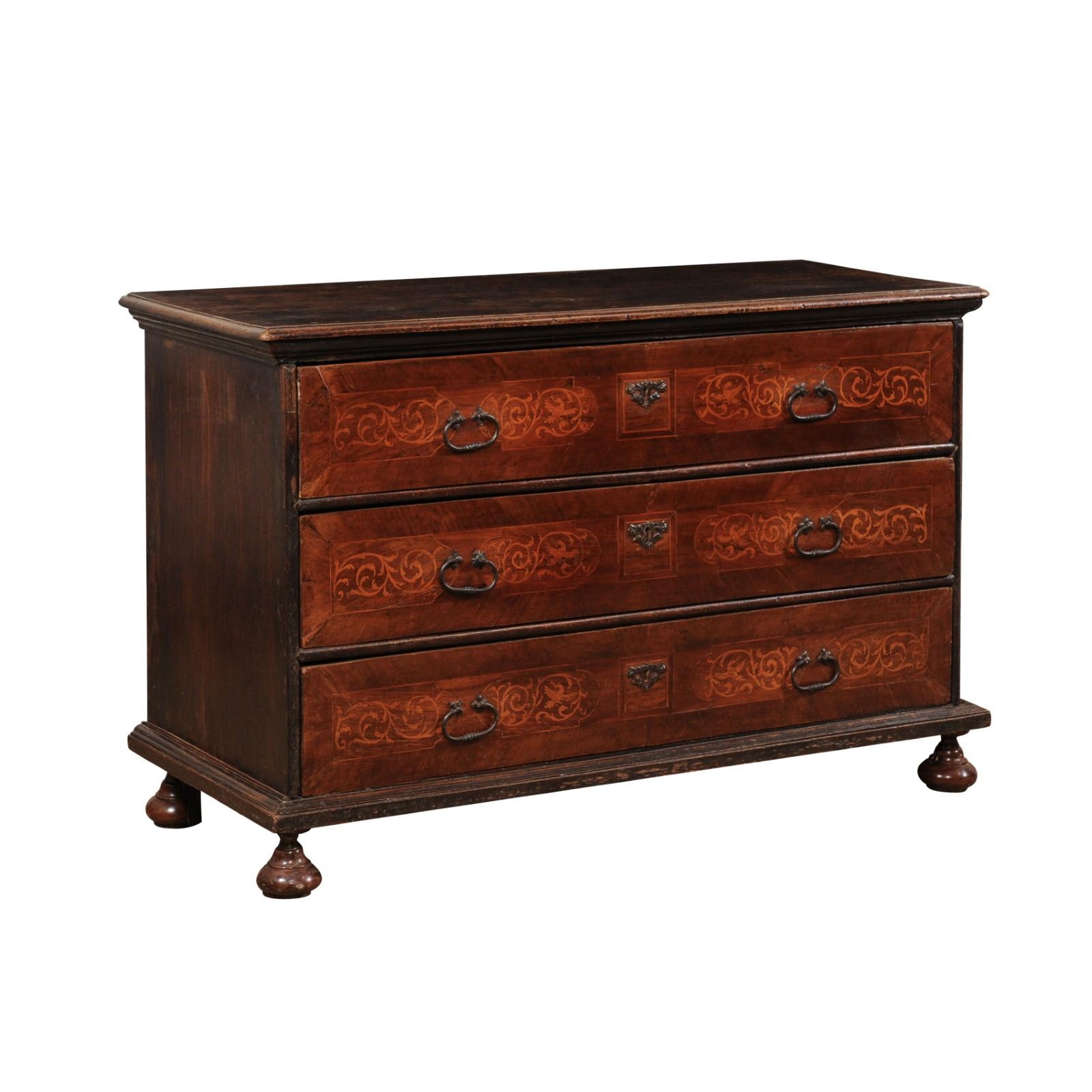 18th C. Italian Chest w/Exquisite Inlay Designs and the Original Hardware For Sale