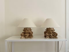 18th c Italian Column Lamps, Pair with Linen Shades