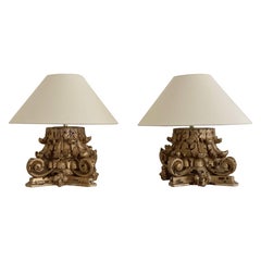 18th c Italian Column Lamps, Pair with Linen Shades