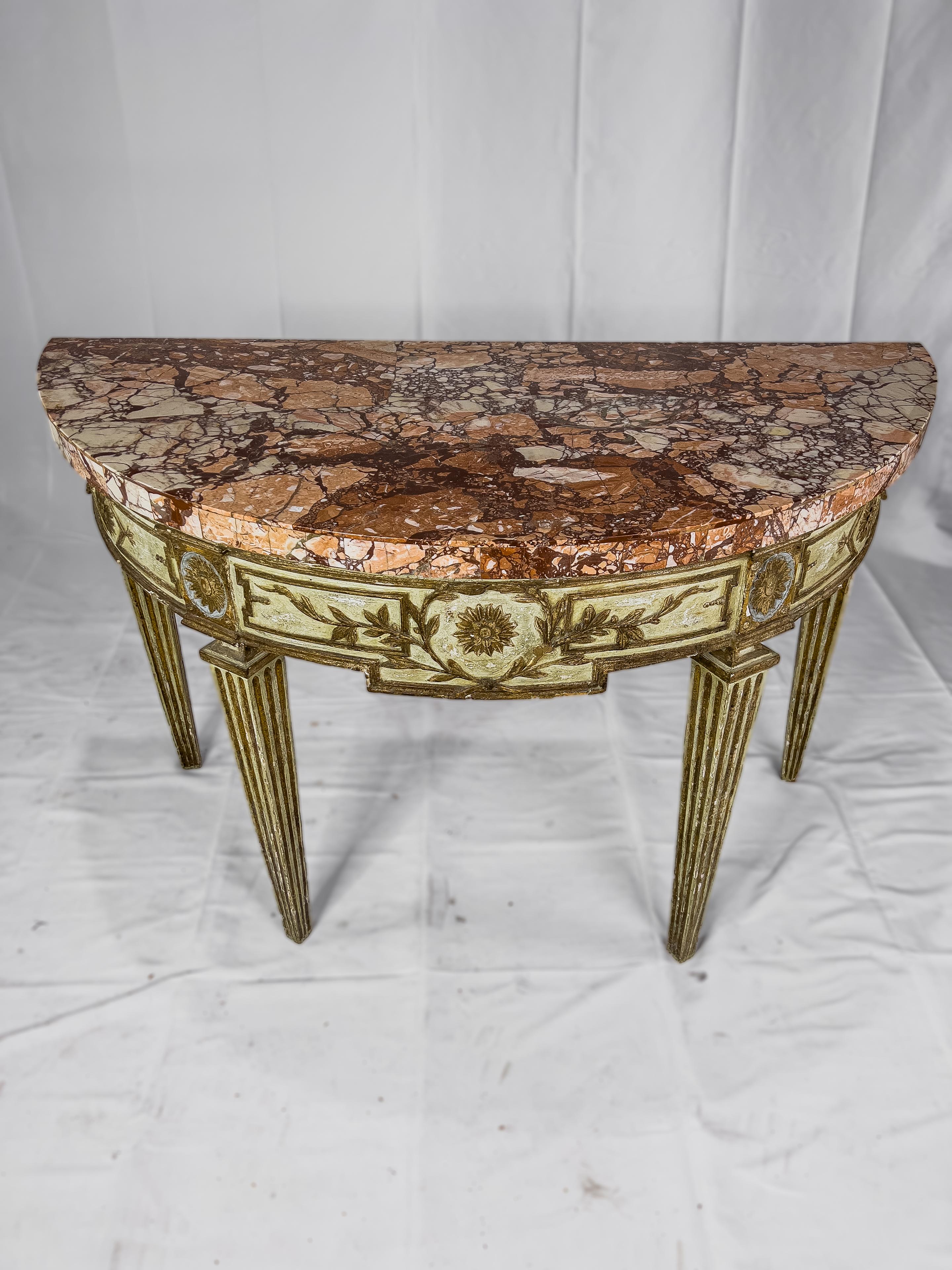 18th century Italian demilune console with original paint, gilt detail, straight tapered legs and marble top. From Napoli, Italy.