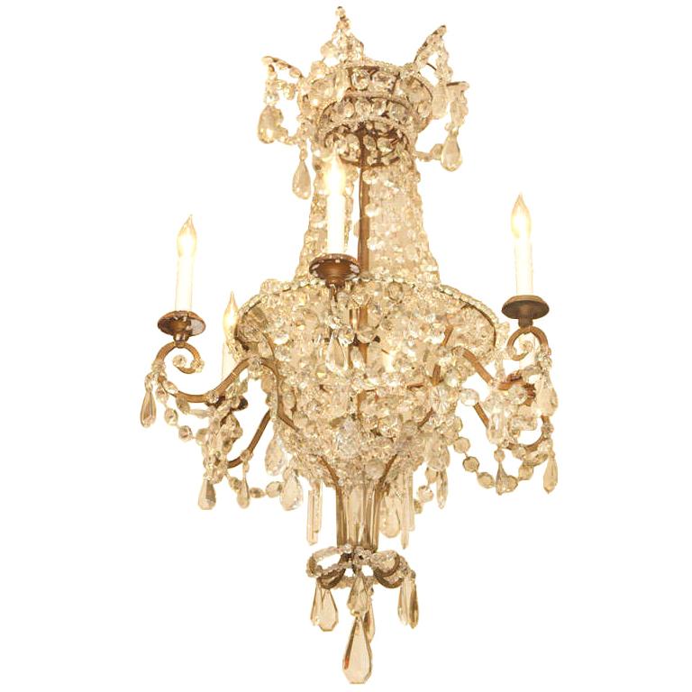 18th C. Italian Gilt Iron And Crystal Basket Chandelier For Sale
