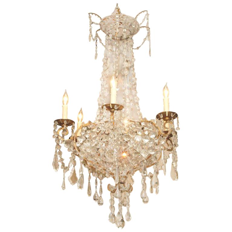 18th C. Italian Gilt Iron And Crystal Basket Chandelier For Sale