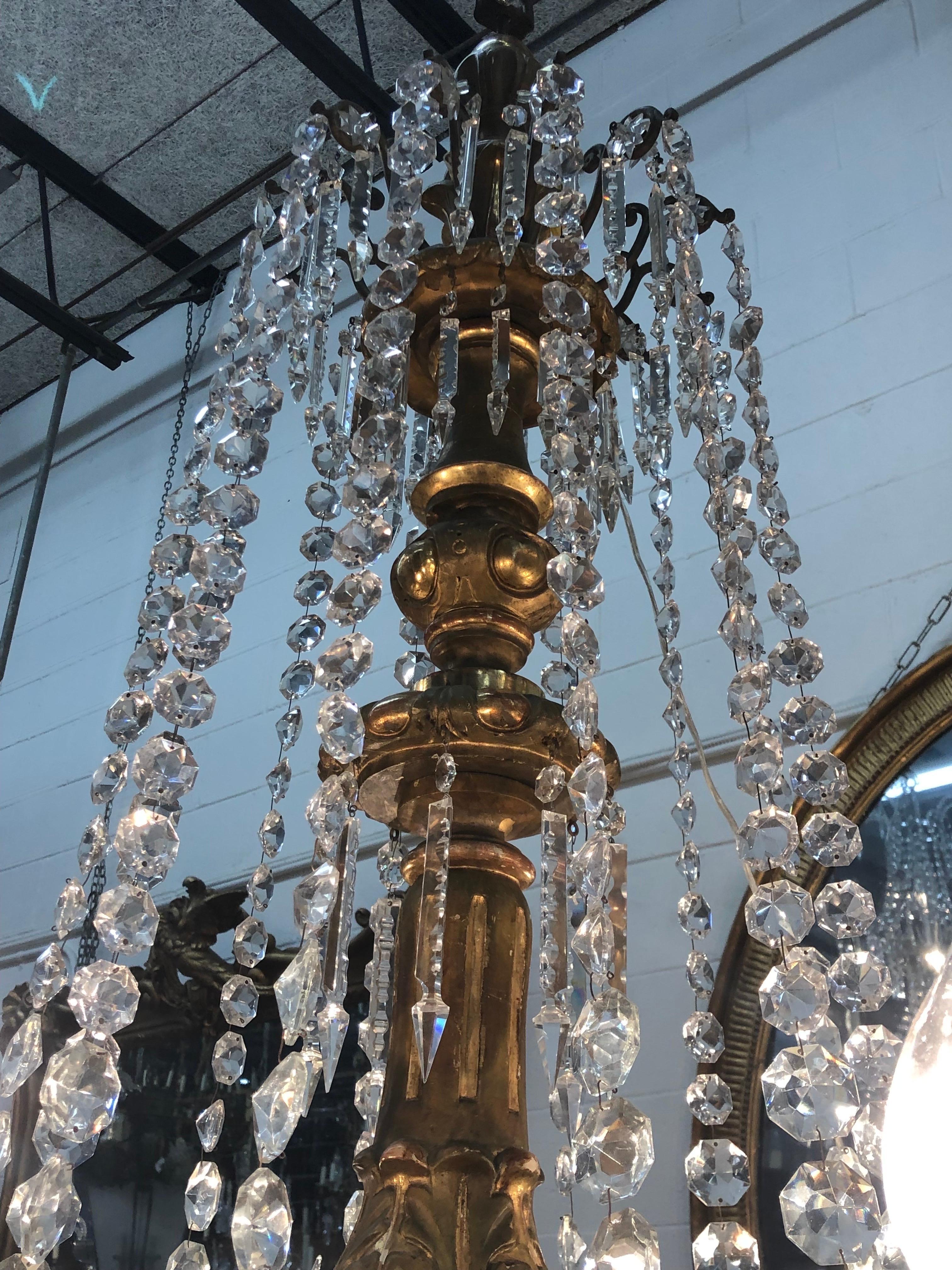 18th C. Italian Giltwood, Bronzed Lacquer & Crystal Louis XVI Period Chandelier For Sale 7