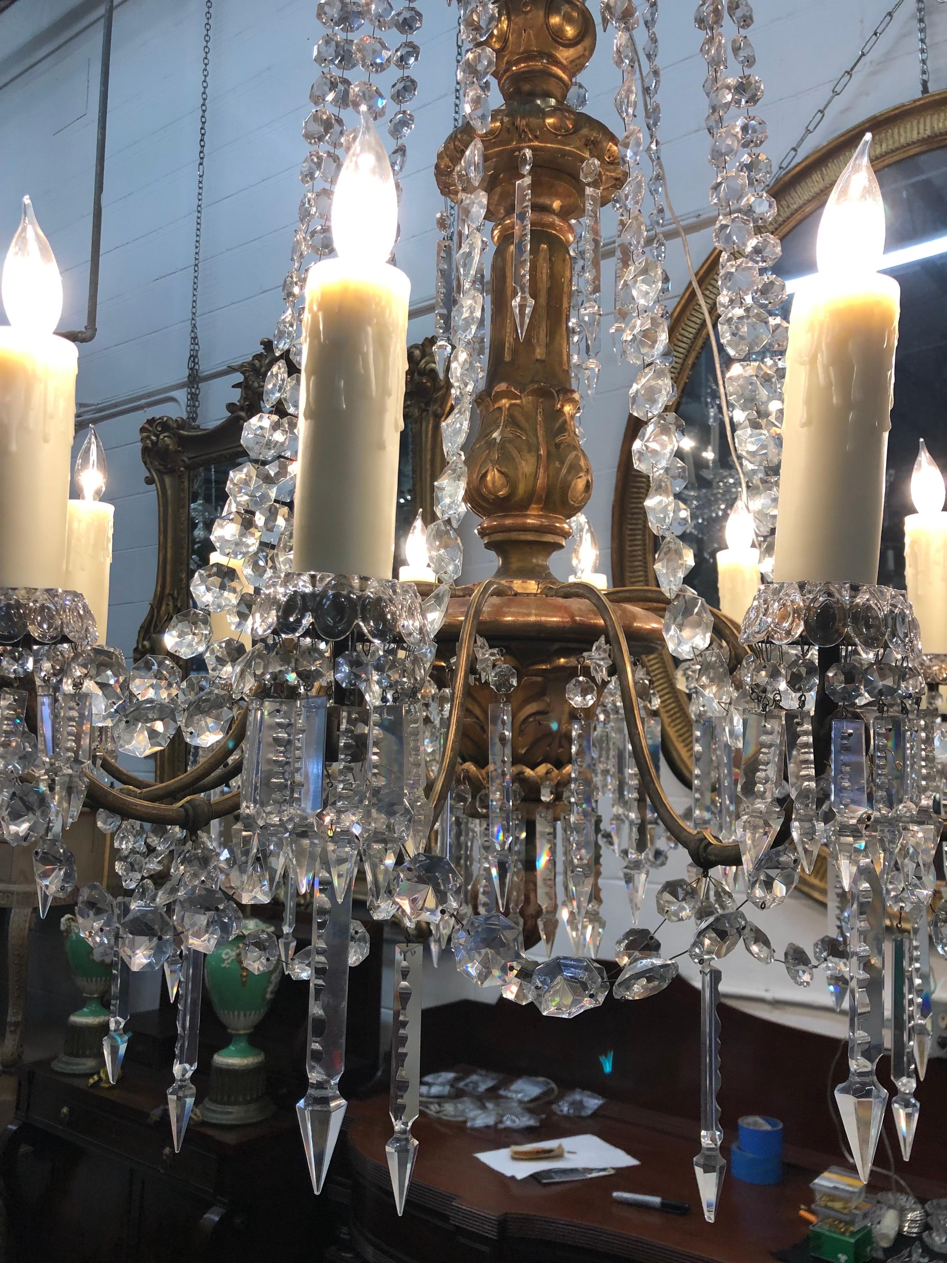 18th C. Italian Giltwood, Bronzed Lacquer & Crystal Louis XVI Period Chandelier For Sale 8