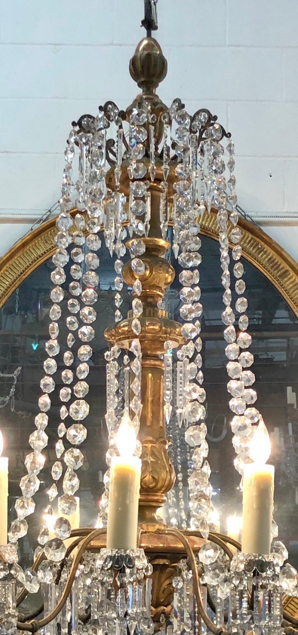 Hand-Carved 18th C. Italian Giltwood, Bronzed Lacquer & Crystal Louis XVI Period Chandelier For Sale