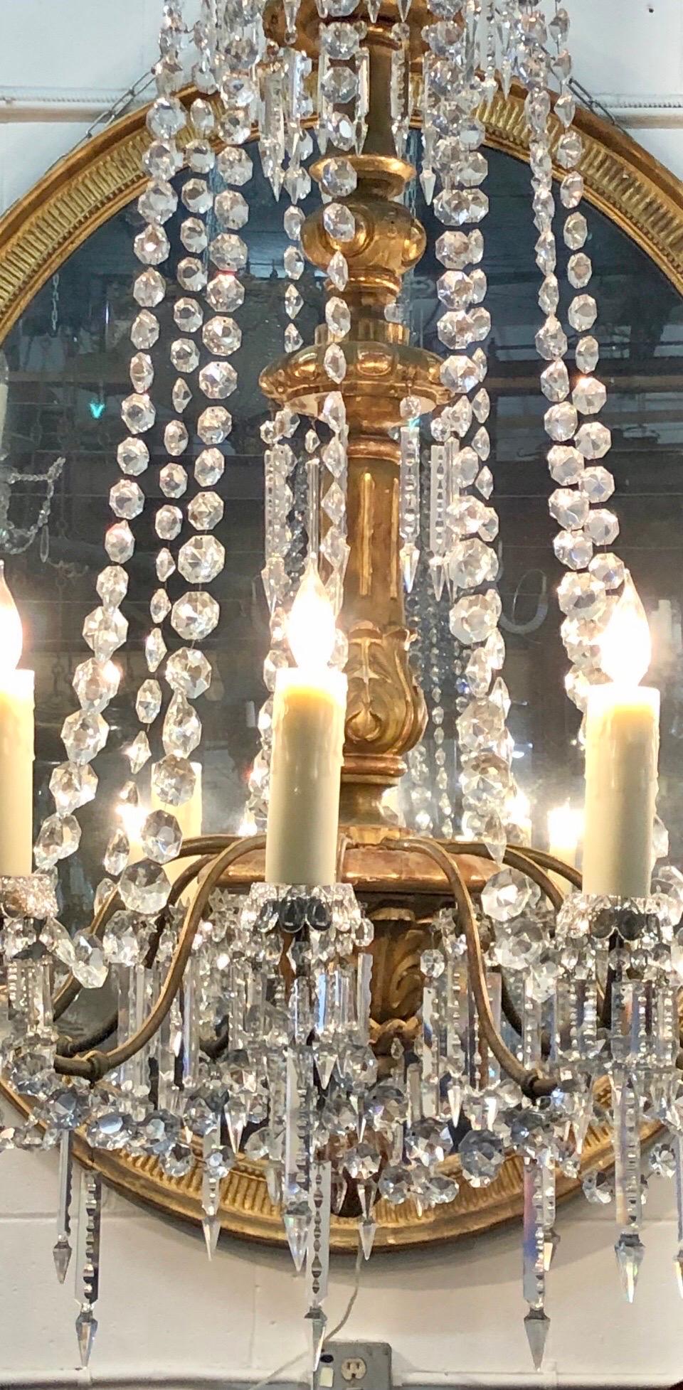 18th C. Italian Giltwood, Bronzed Lacquer & Crystal Louis XVI Period Chandelier In Good Condition For Sale In Charleston, SC