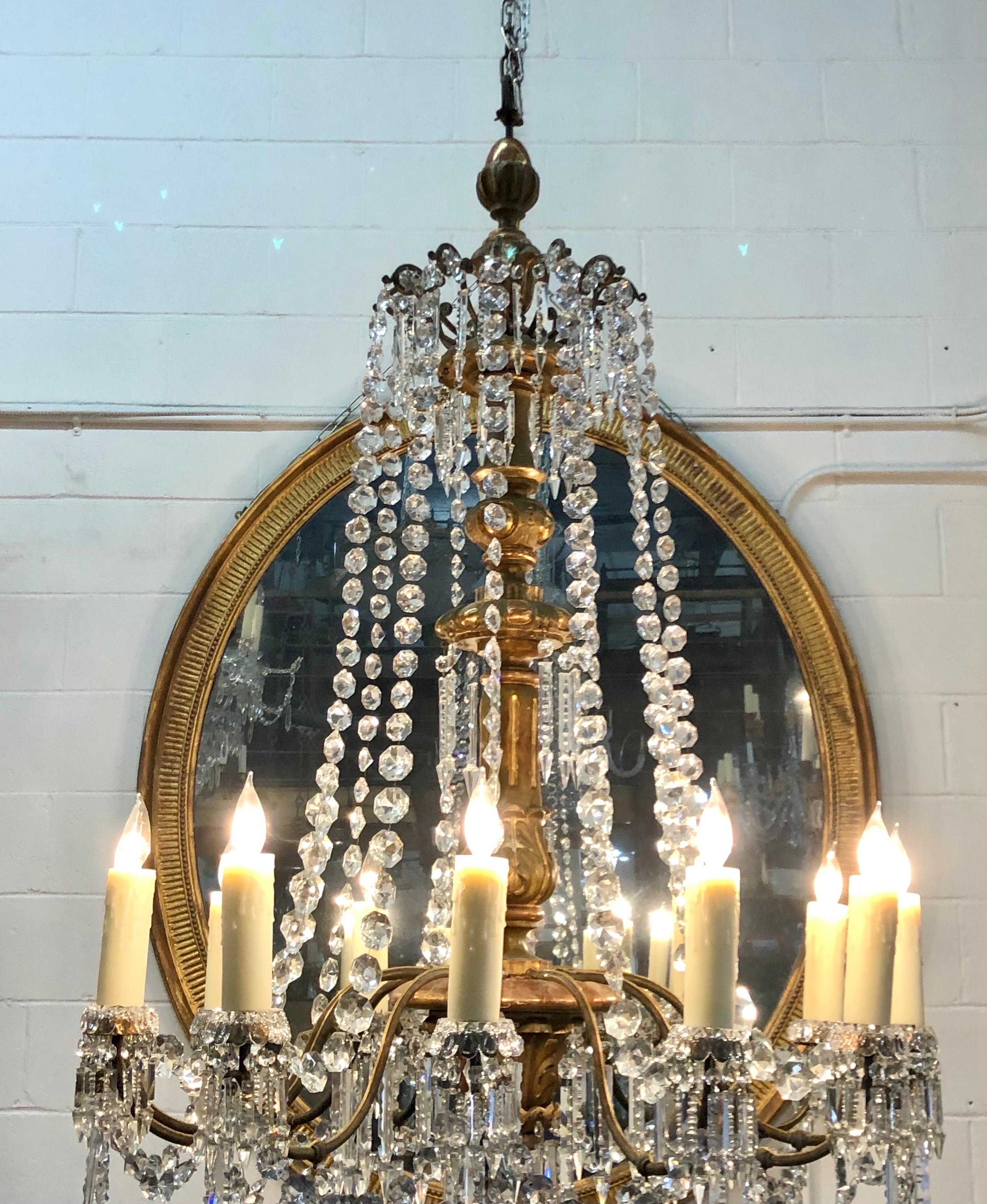 18th C. Italian Giltwood, Bronzed Lacquer & Crystal Louis XVI Period Chandelier For Sale 1