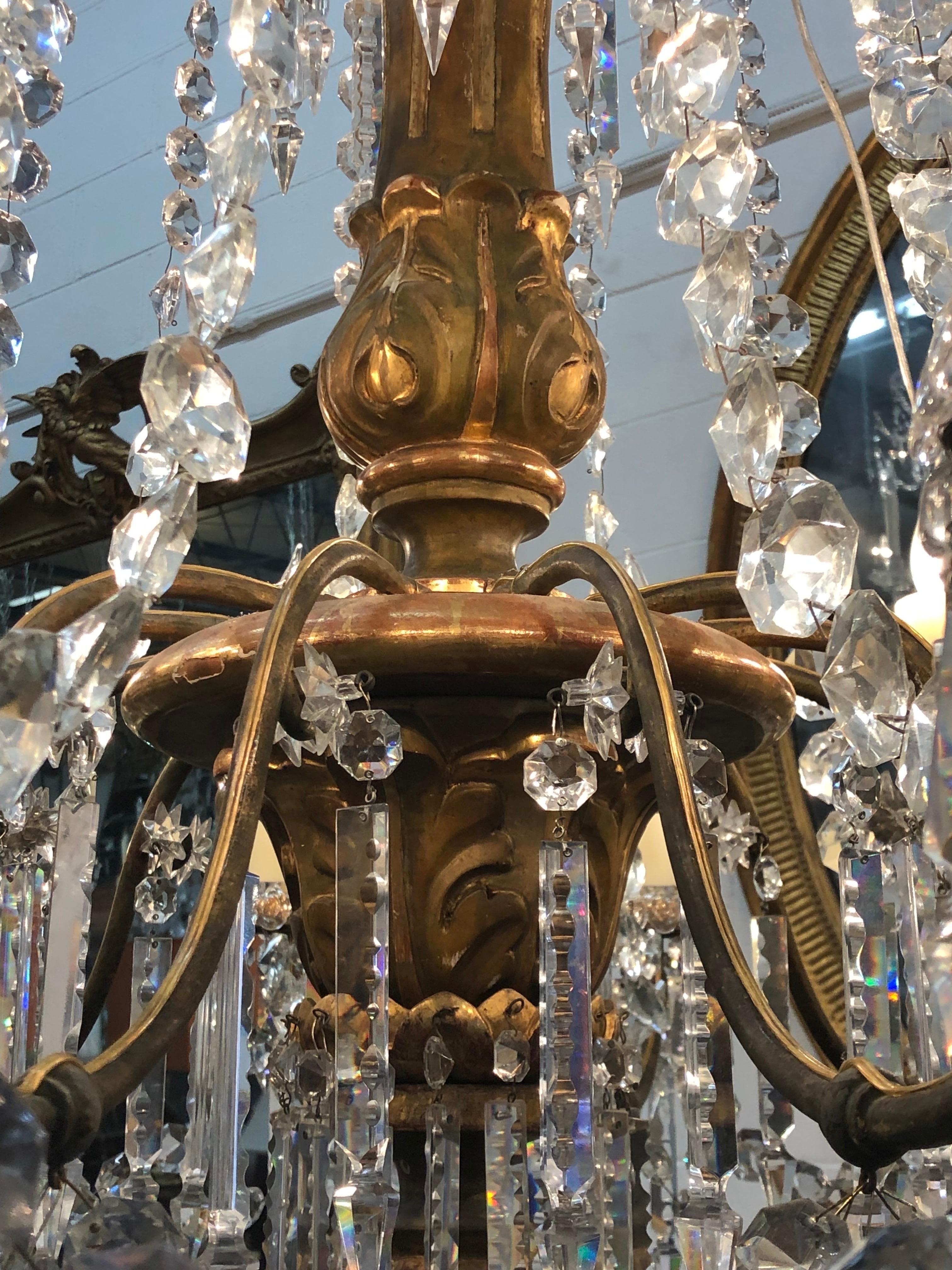 18th C. Italian Giltwood, Bronzed Lacquer & Crystal Louis XVI Period Chandelier For Sale 4