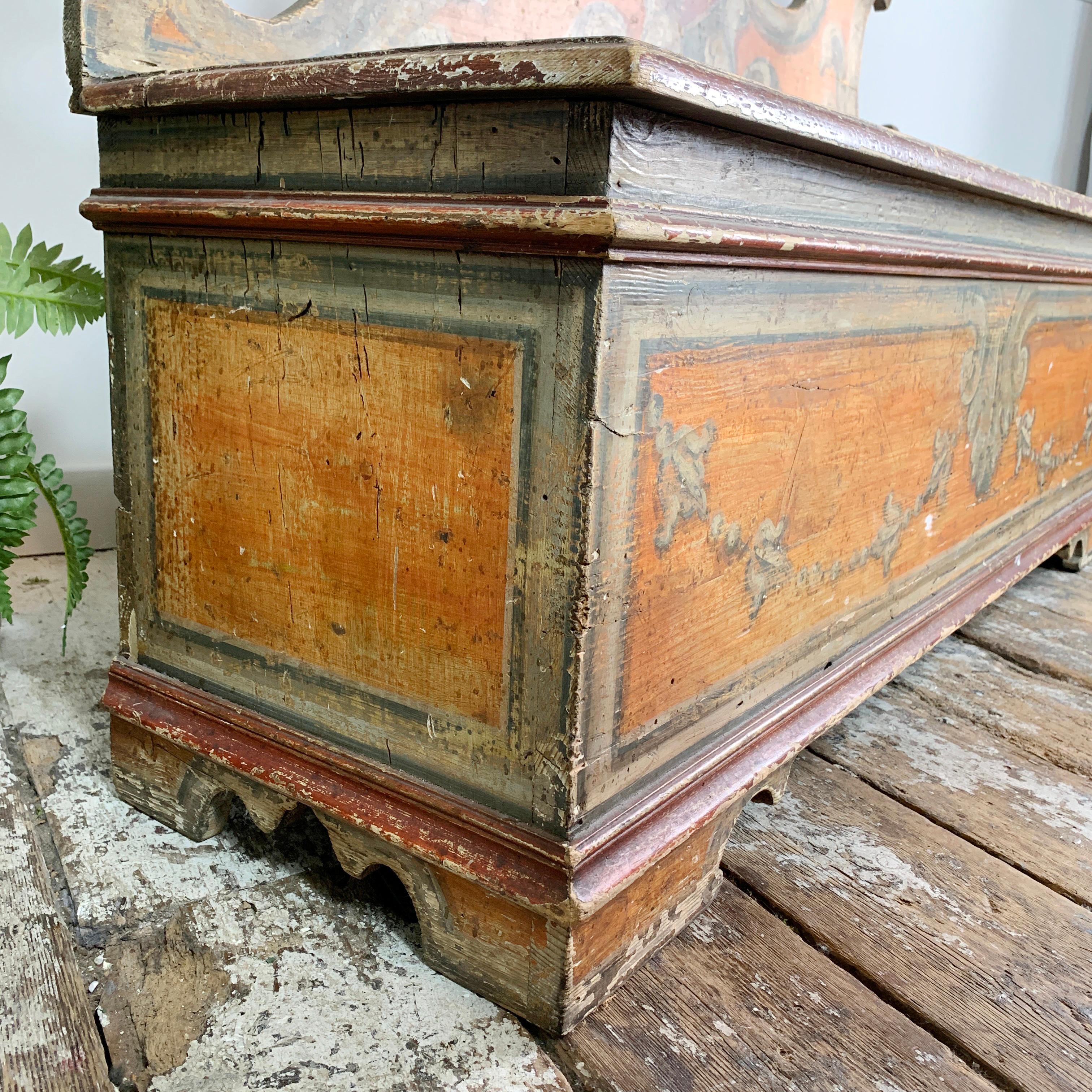 18th C Italian Hand Painted Orange Cassapanca Bench For Sale 4