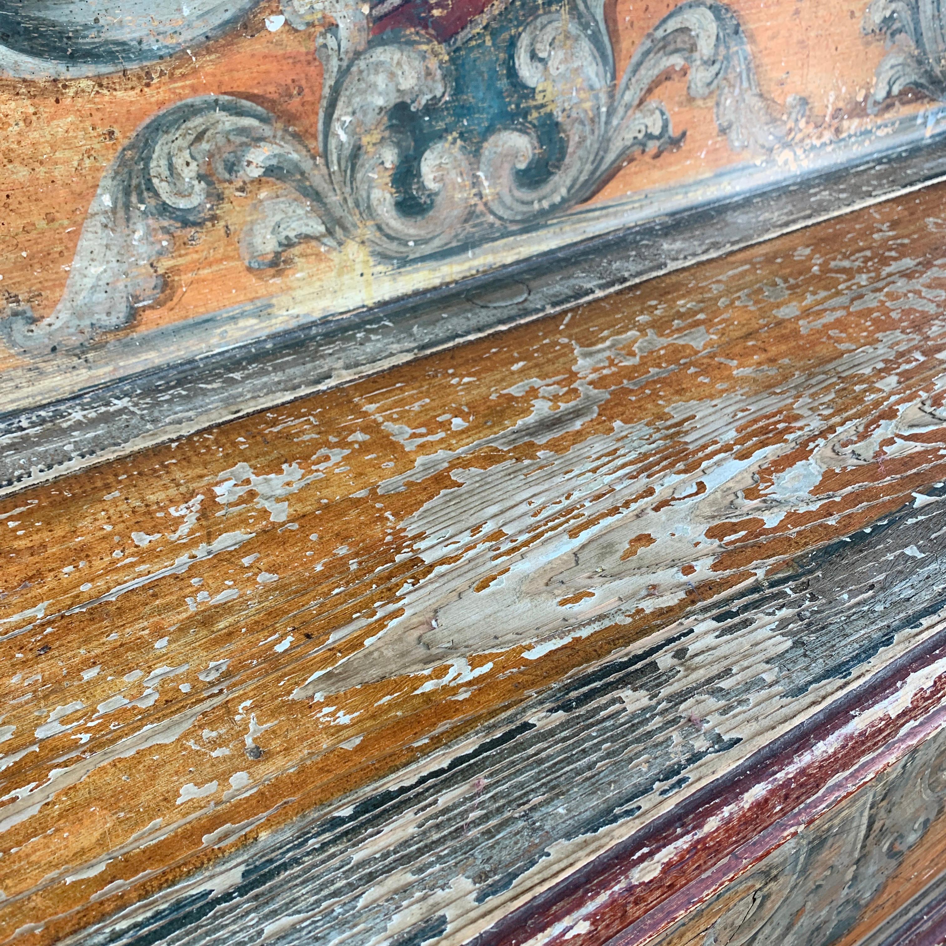 18th C Italian Hand Painted Orange Cassapanca Bench For Sale 5