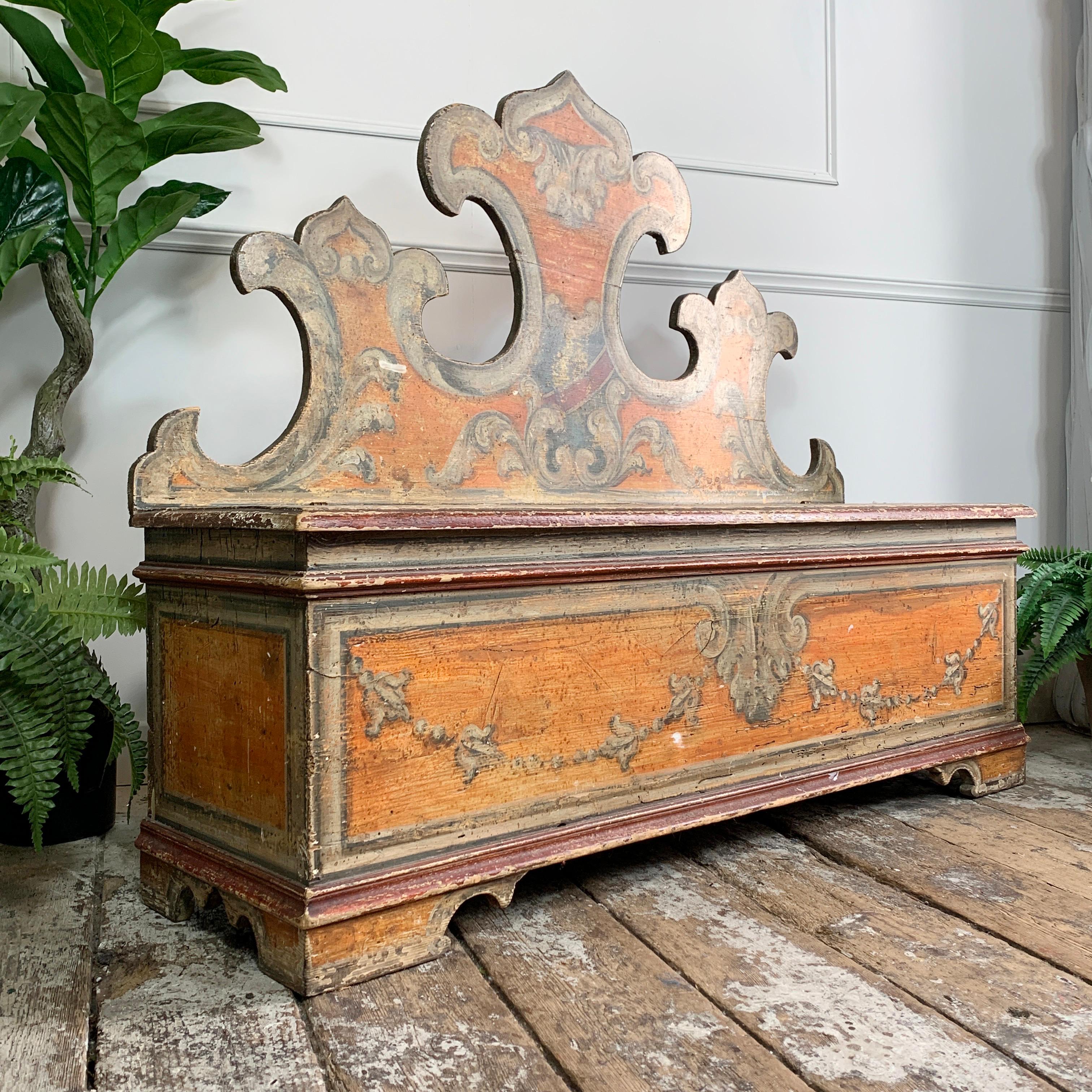 Hand-Crafted 18th C Italian Hand Painted Orange Cassapanca Bench For Sale