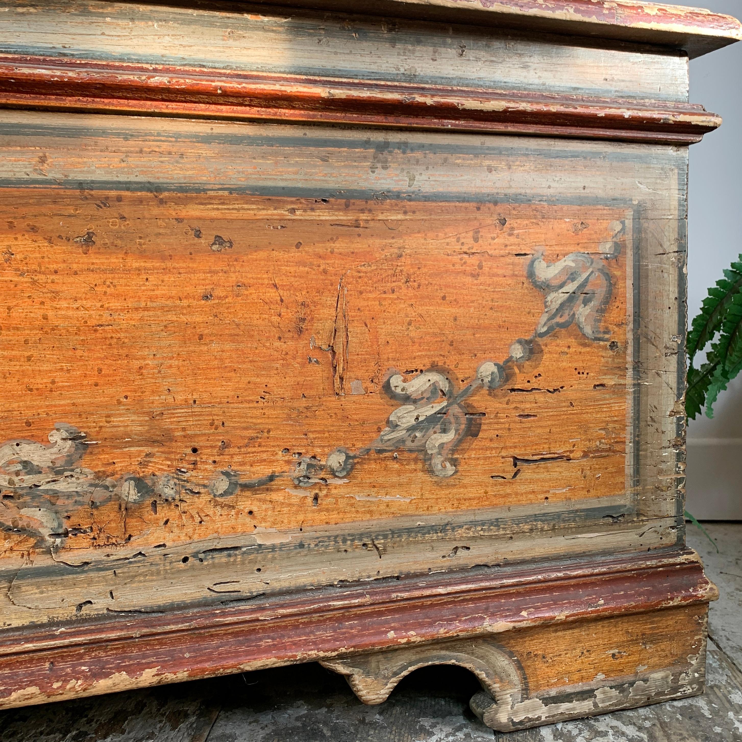 Mid-18th Century 18th C Italian Hand Painted Orange Cassapanca Bench For Sale