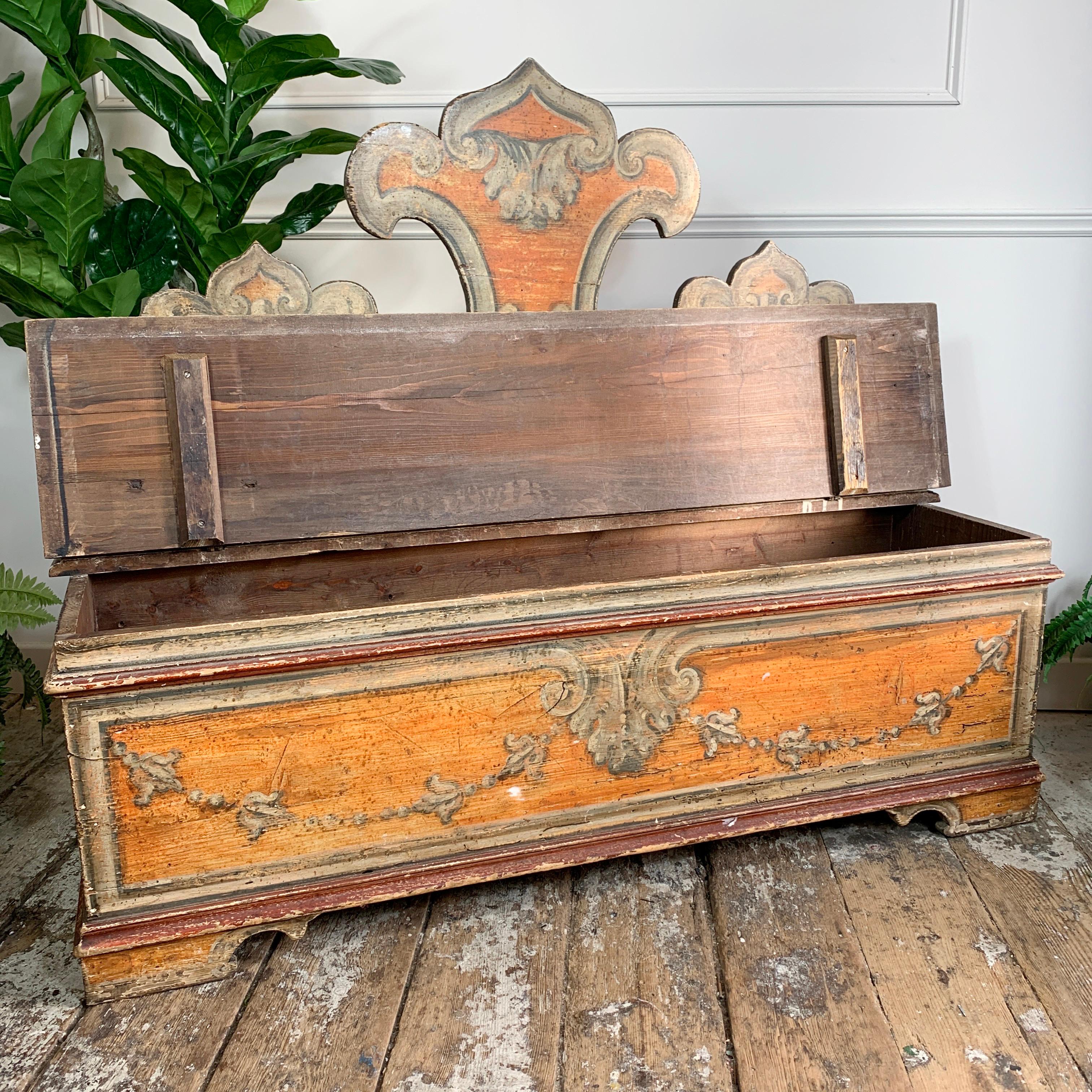 Wood 18th C Italian Hand Painted Orange Cassapanca Bench For Sale