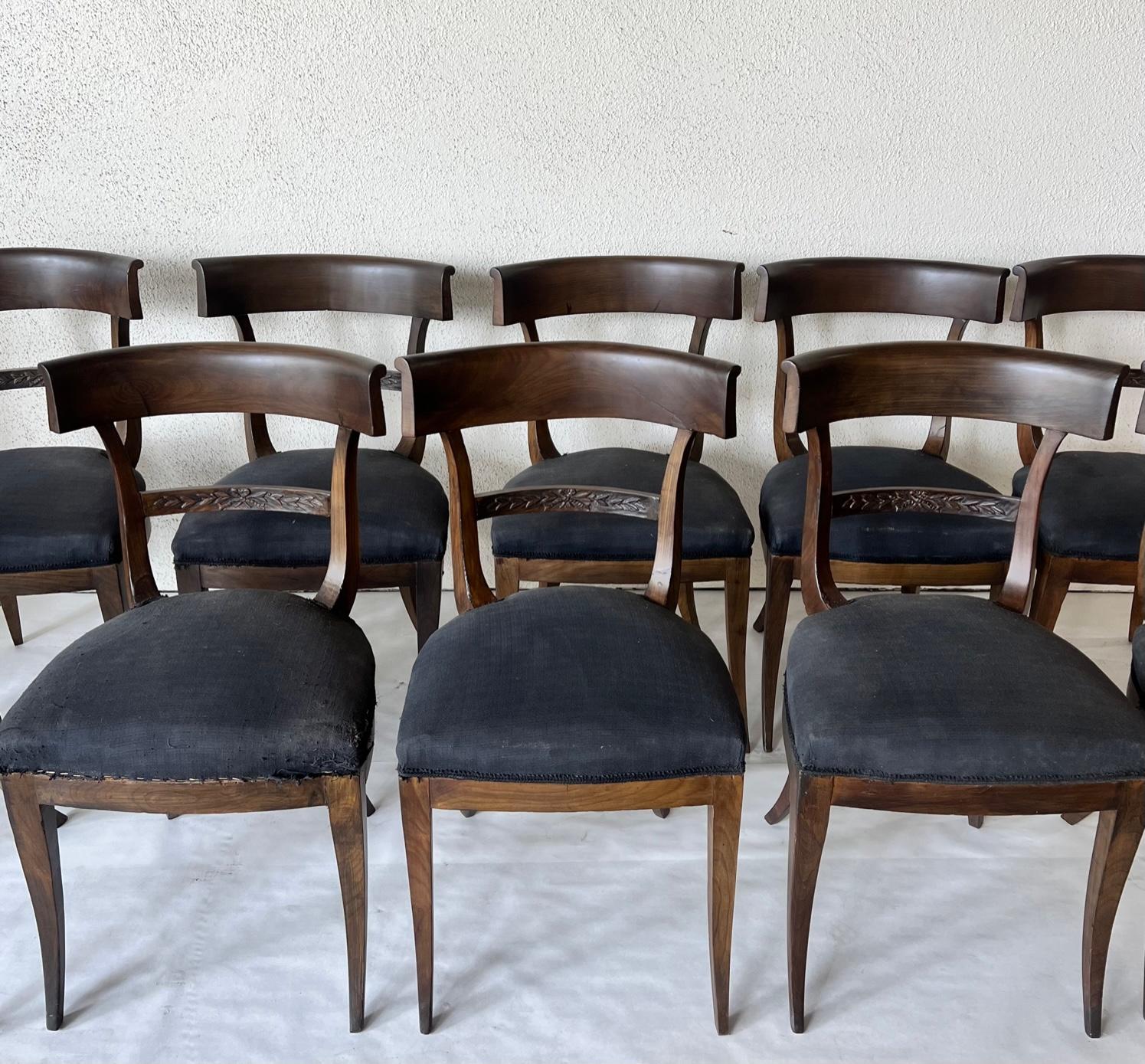 French Provincial 18th C Italian Klismos Chairs, Set of 10 For Sale