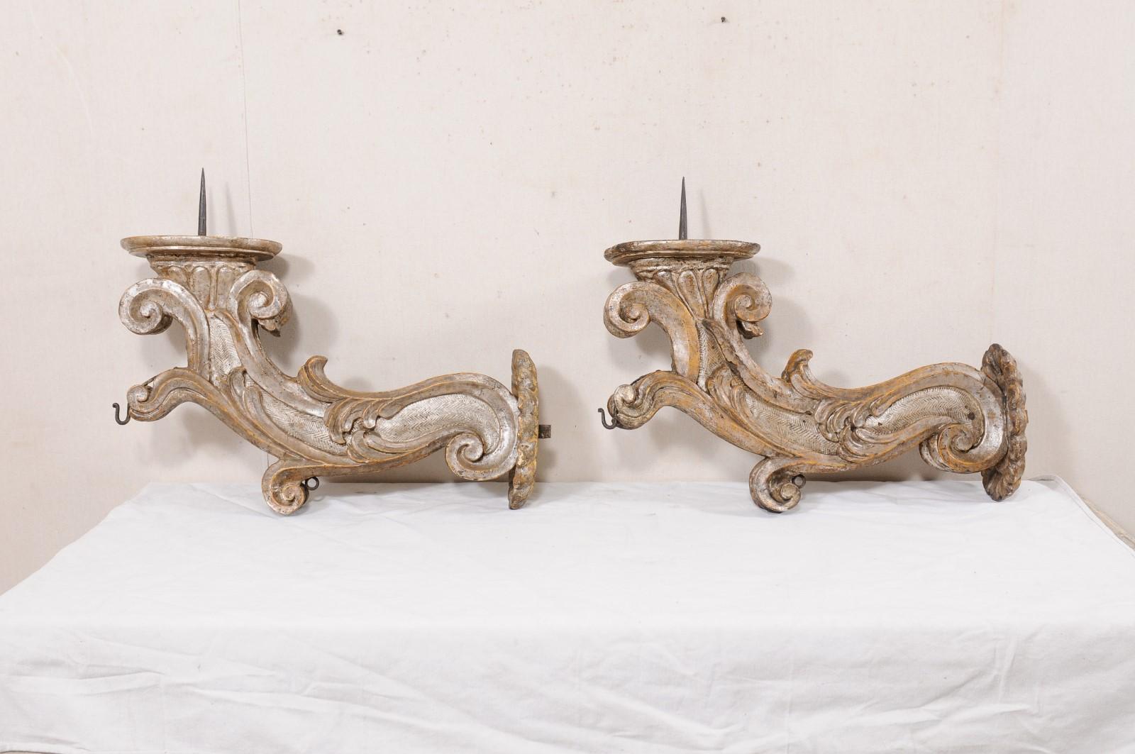 18th C. Italian Pair Acanthus-Carved Wood Pricket Sconces For Sale 6
