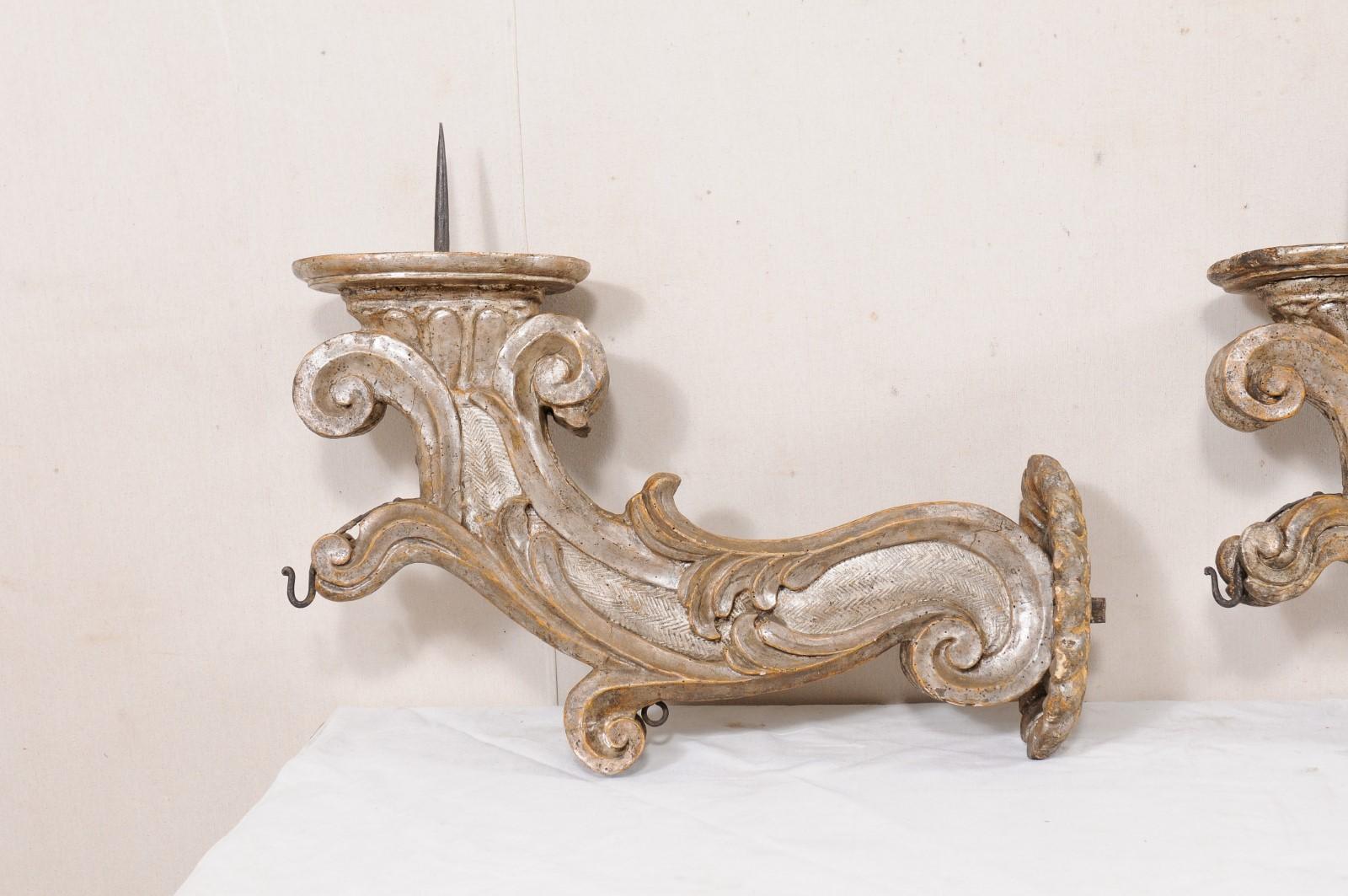 18th C. Italian Pair Acanthus-Carved Wood Pricket Sconces For Sale 7