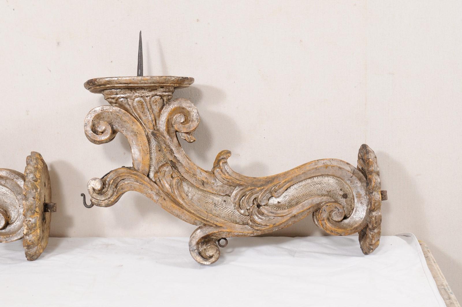 18th C. Italian Pair Acanthus-Carved Wood Pricket Sconces For Sale 8
