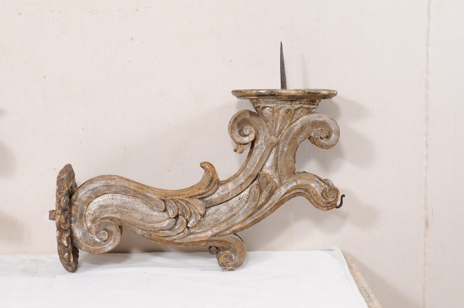 18th Century and Earlier 18th C. Italian Pair Acanthus-Carved Wood Pricket Sconces For Sale