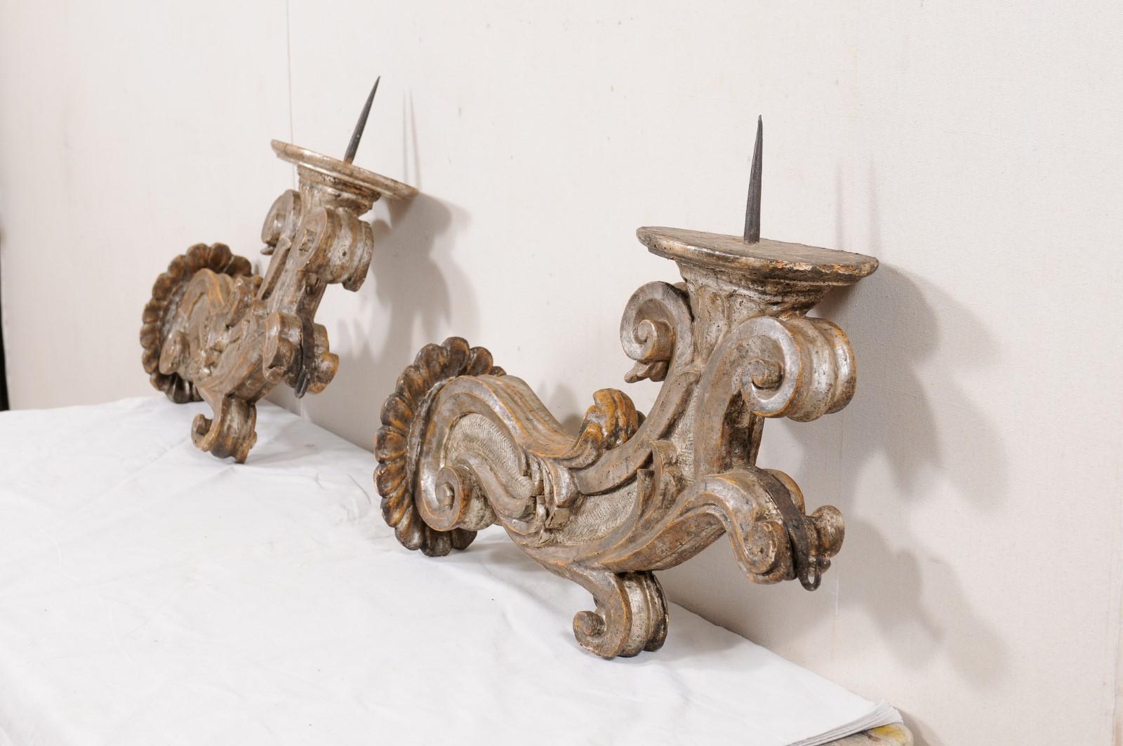 18th C. Italian Pair Acanthus-Carved Wood Pricket Sconces For Sale 1