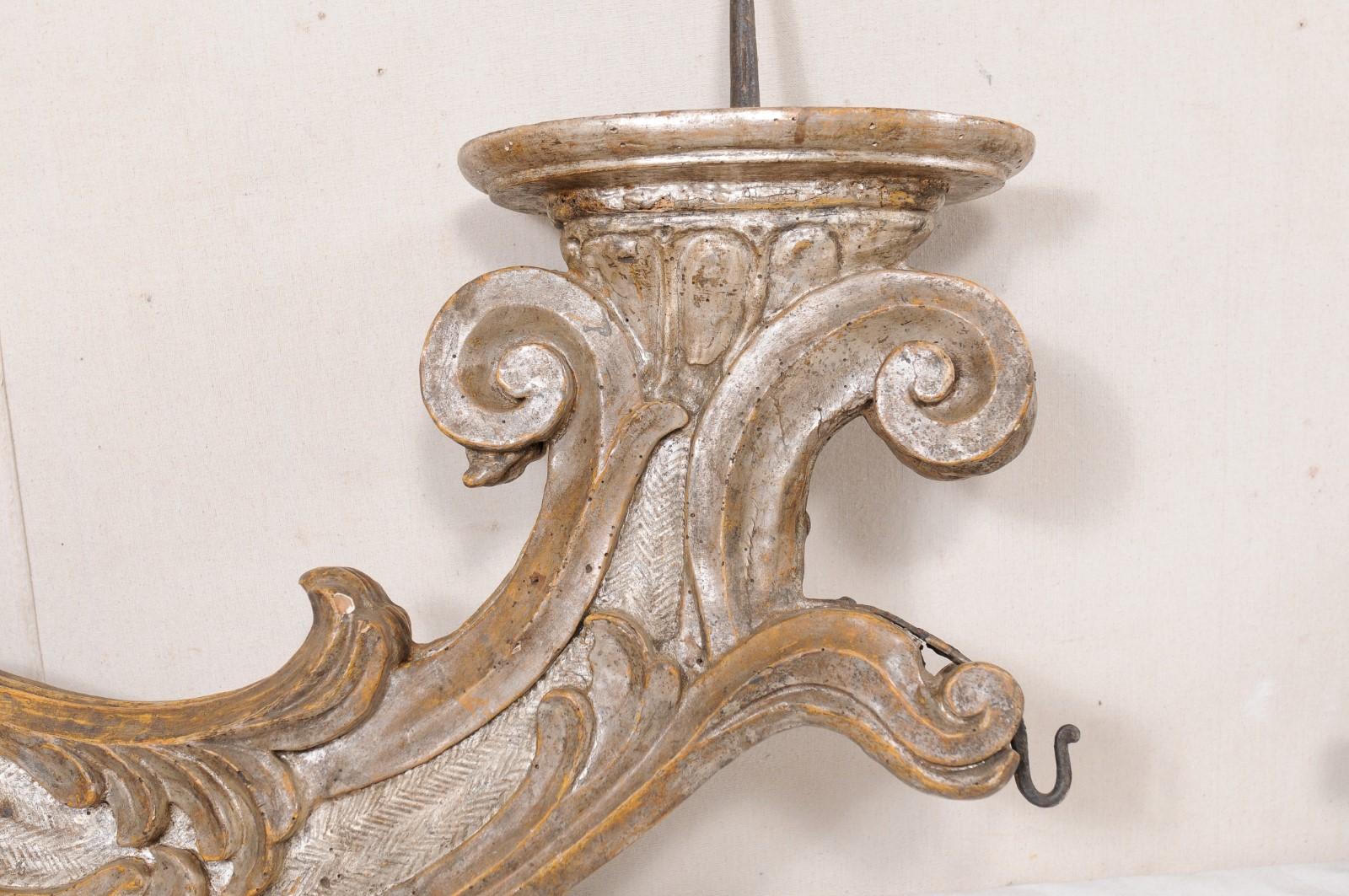 18th C. Italian Pair Acanthus-Carved Wood Pricket Sconces For Sale 3