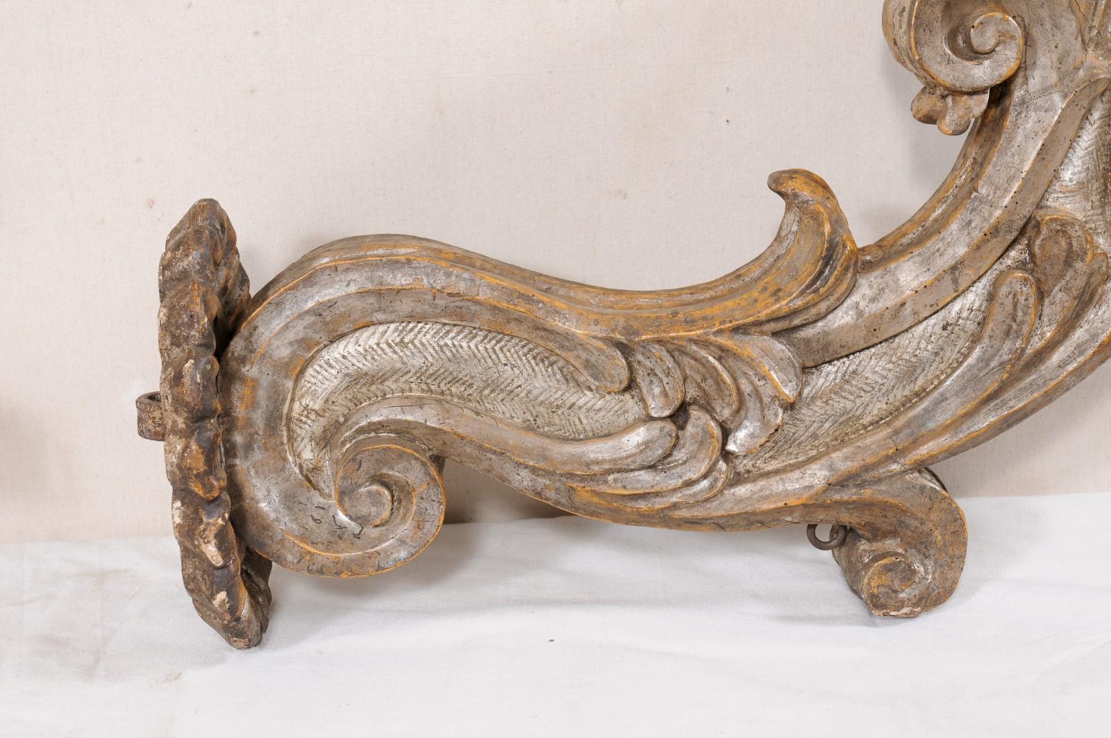 18th C. Italian Pair Acanthus-Carved Wood Pricket Sconces For Sale 4