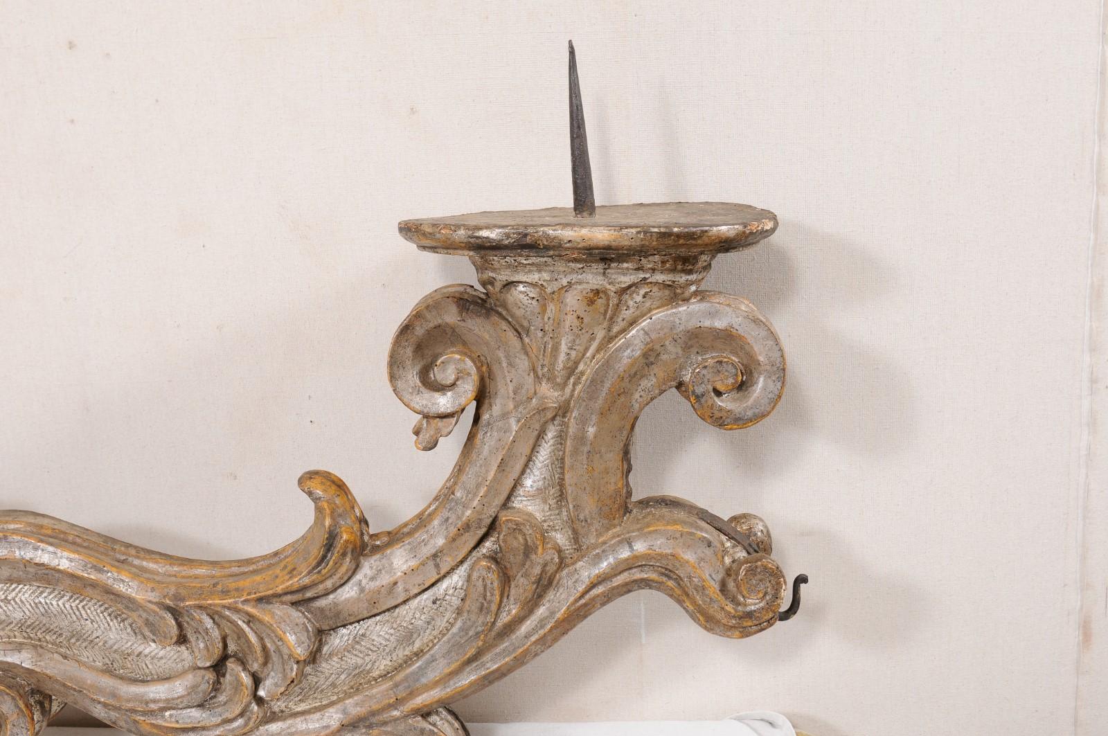 18th C. Italian Pair Acanthus-Carved Wood Pricket Sconces For Sale 5