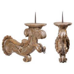 18th C. Italian Pair Acanthus-Carved Wood Pricket Sconces