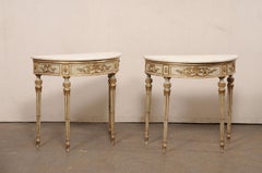 18th C. Italian Pair of Gorgeous Demi-Lune Consoles w/Marble Tops & Gilt Accents
