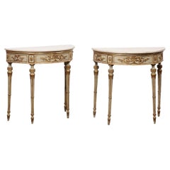 18th C. Italian Pair of Gorgeous Demi-Lune Consoles w/Marble Tops & Gilt Accents