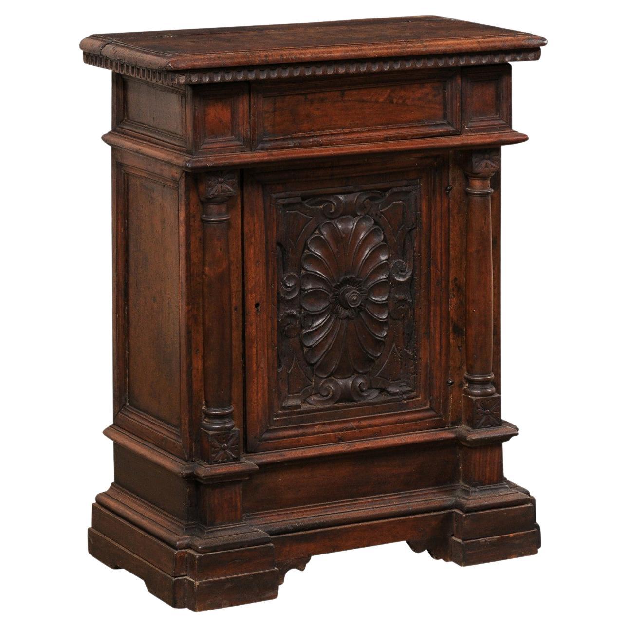 18th C. Italian Petite Nicely Carved Walnut Cabinet w/Floral Carved Panel Door