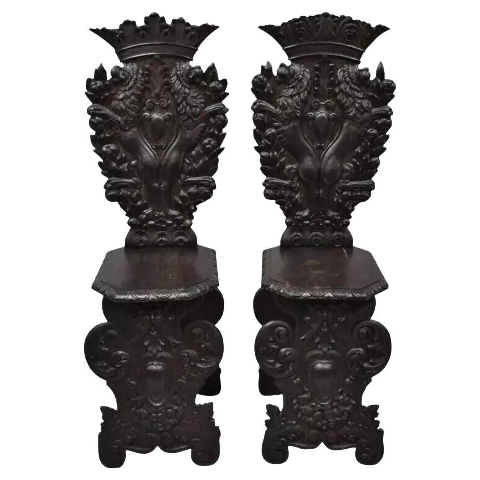 18th C. Italian Renaissance Lion Carved Walnut Sgabello Hall Chairs - a Pair