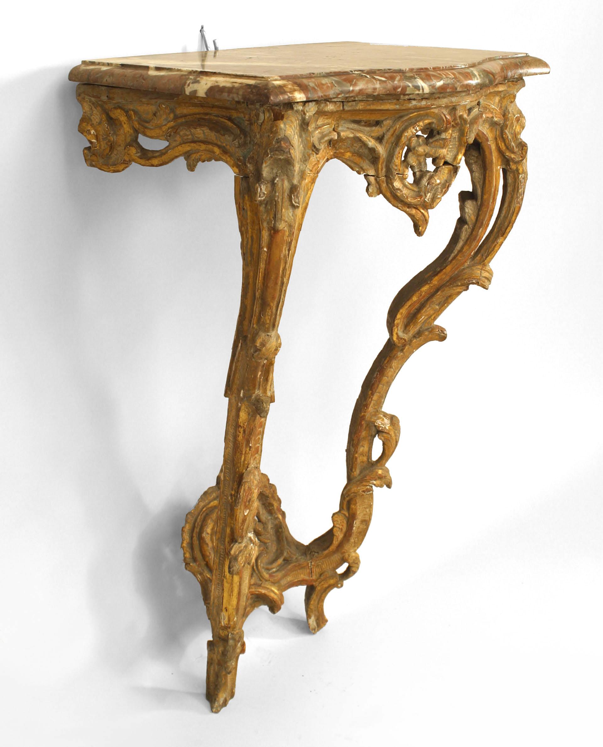 Italian Rococo (18th Century) grey painted bracket console table with gilt trim and open carving with floral design and brown marble top
