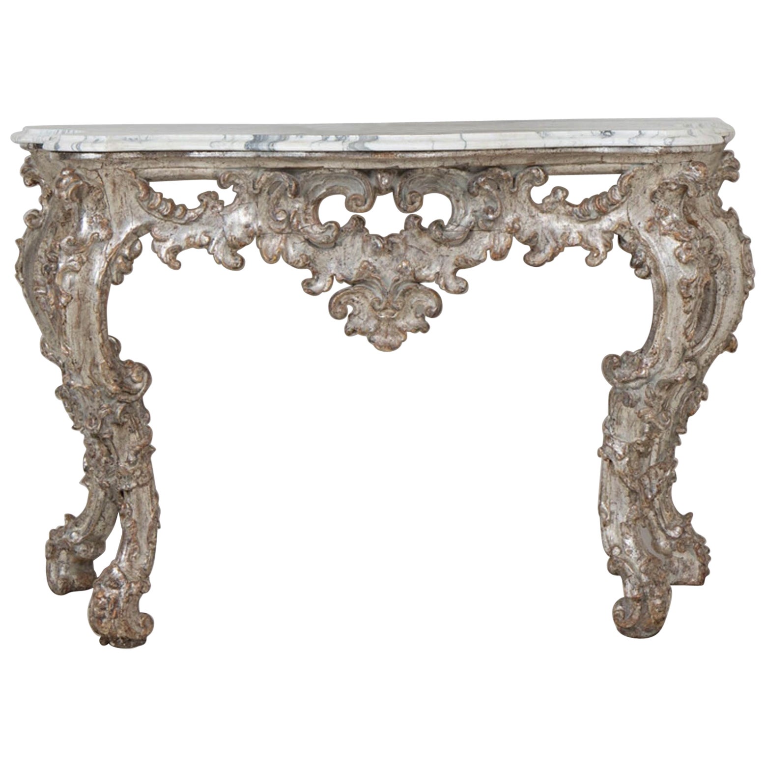 18th c. Italian Silver Leaf Console Table with Arabescato Marble Top