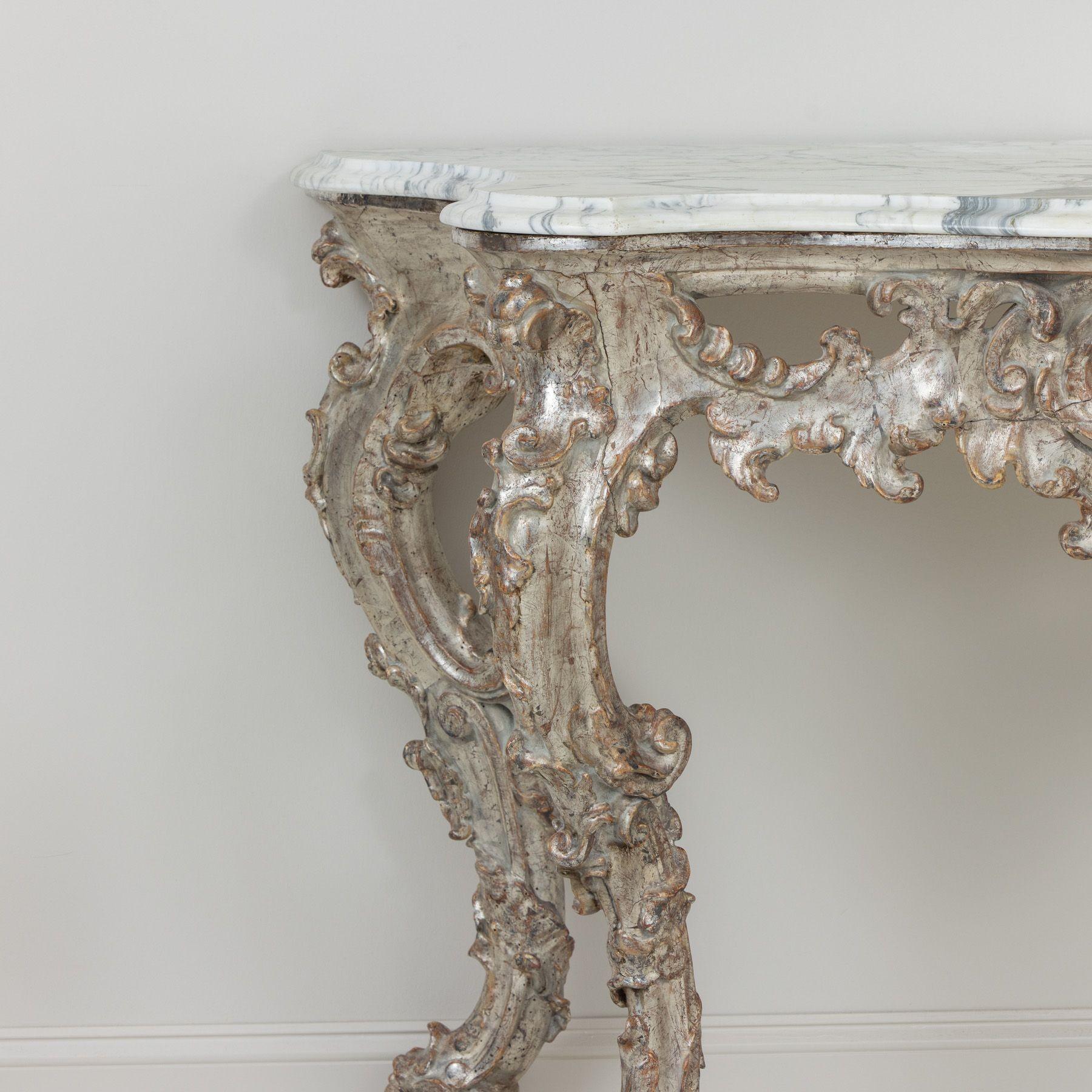 Hand-Carved 18th c. Italian Silver Leaf Console with Arabescato Marble Top For Sale