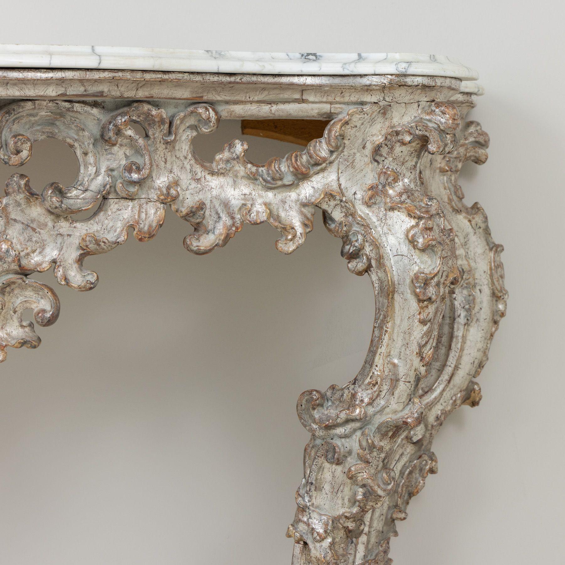 18th Century and Earlier 18th c. Italian Silver Leaf Console with Arabescato Marble Top For Sale