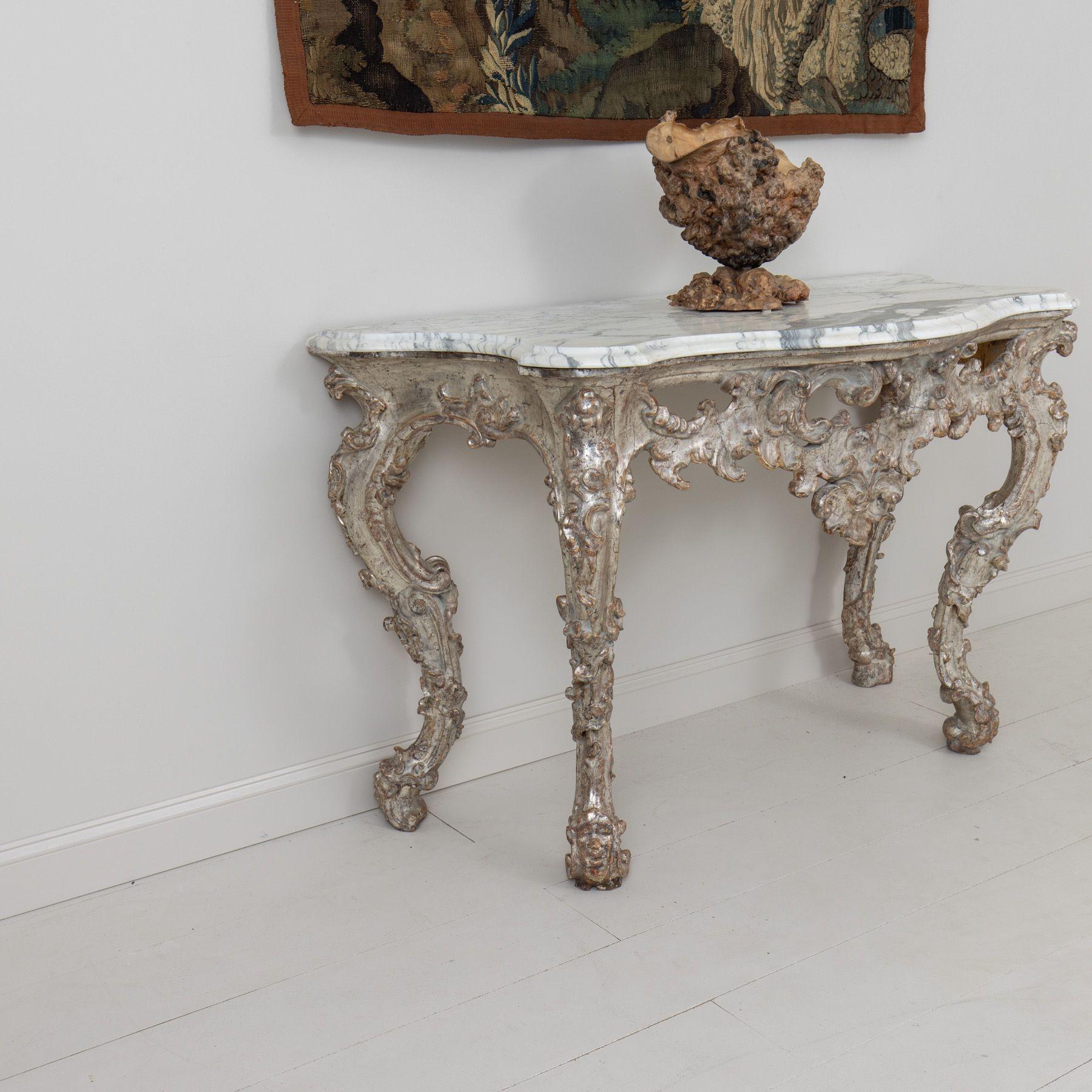 18th c. Italian Silver Leaf Console with Arabescato Marble Top For Sale 4