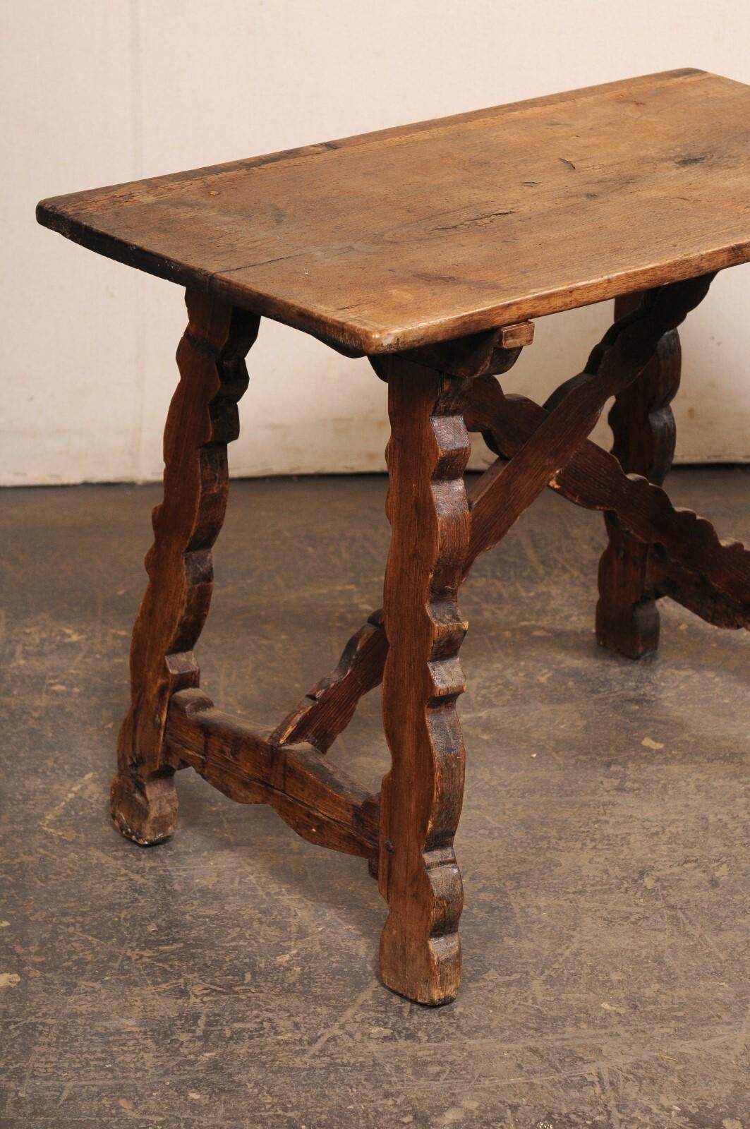 18th C. Italian Smaller-Sized Wooden Table w/Trestle Legs & X-Stretcher In Good Condition For Sale In Atlanta, GA
