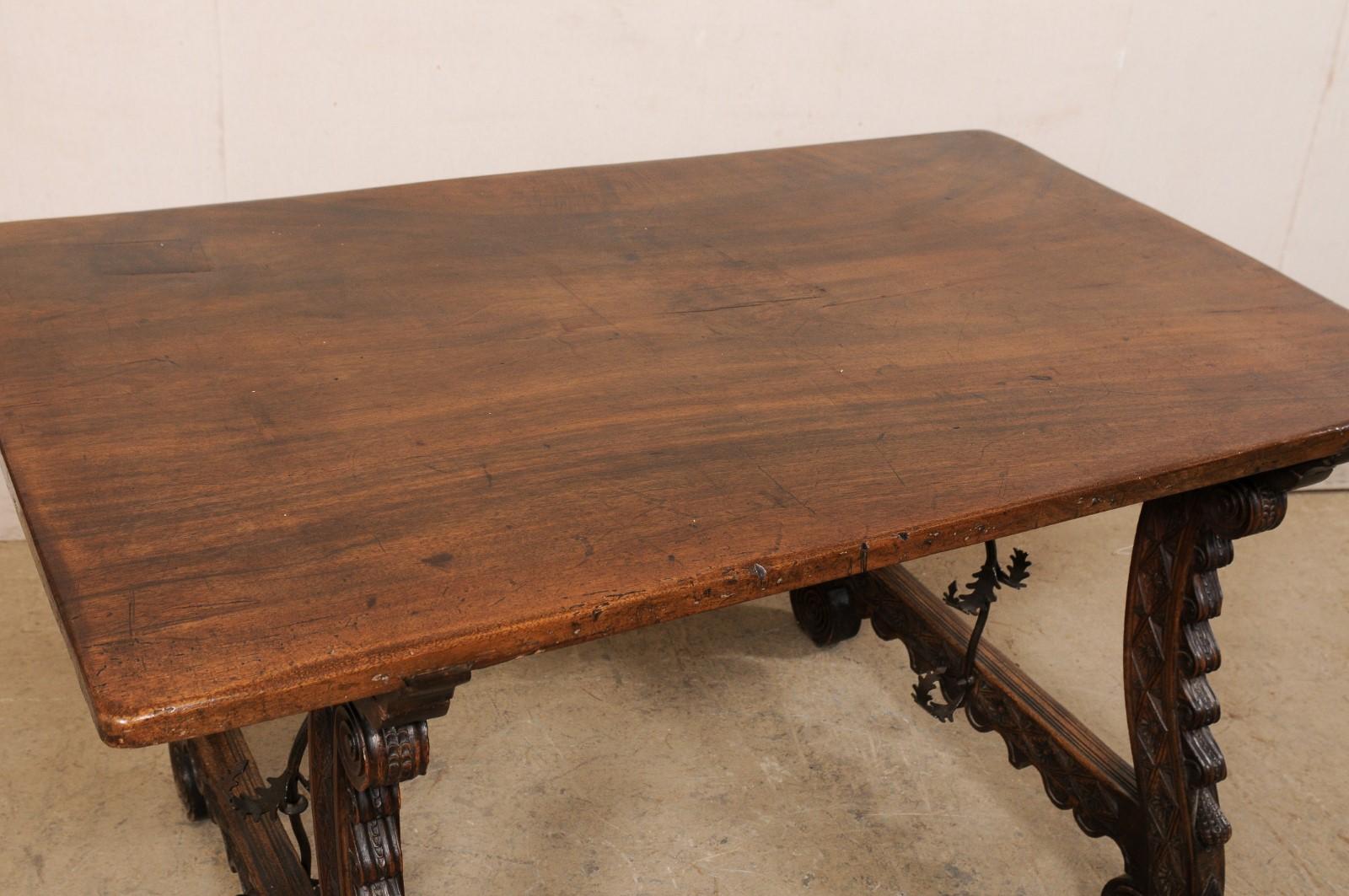 18th C. Italian Table w/Carved-Trestle Legs & Elegantly Forged Iron Stretchers In Good Condition For Sale In Atlanta, GA