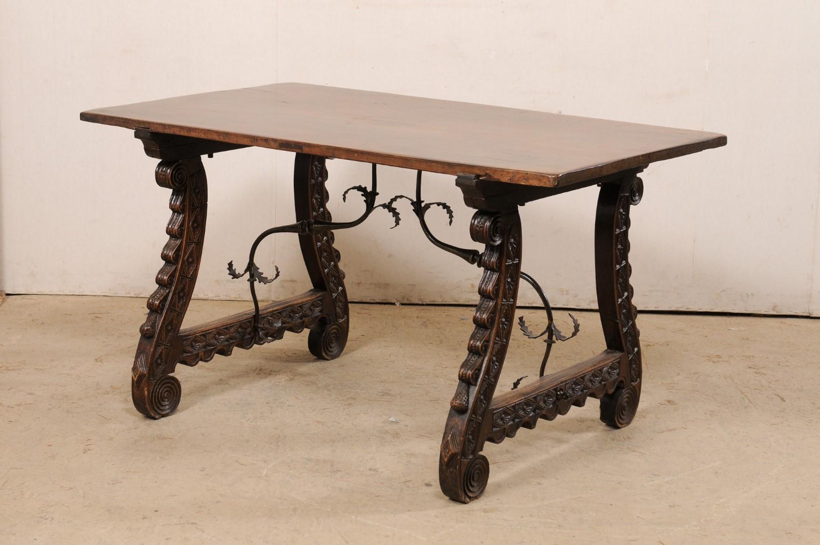 Walnut 18th C. Italian Table w/Carved-Trestle Legs & Elegantly Forged Iron Stretchers For Sale