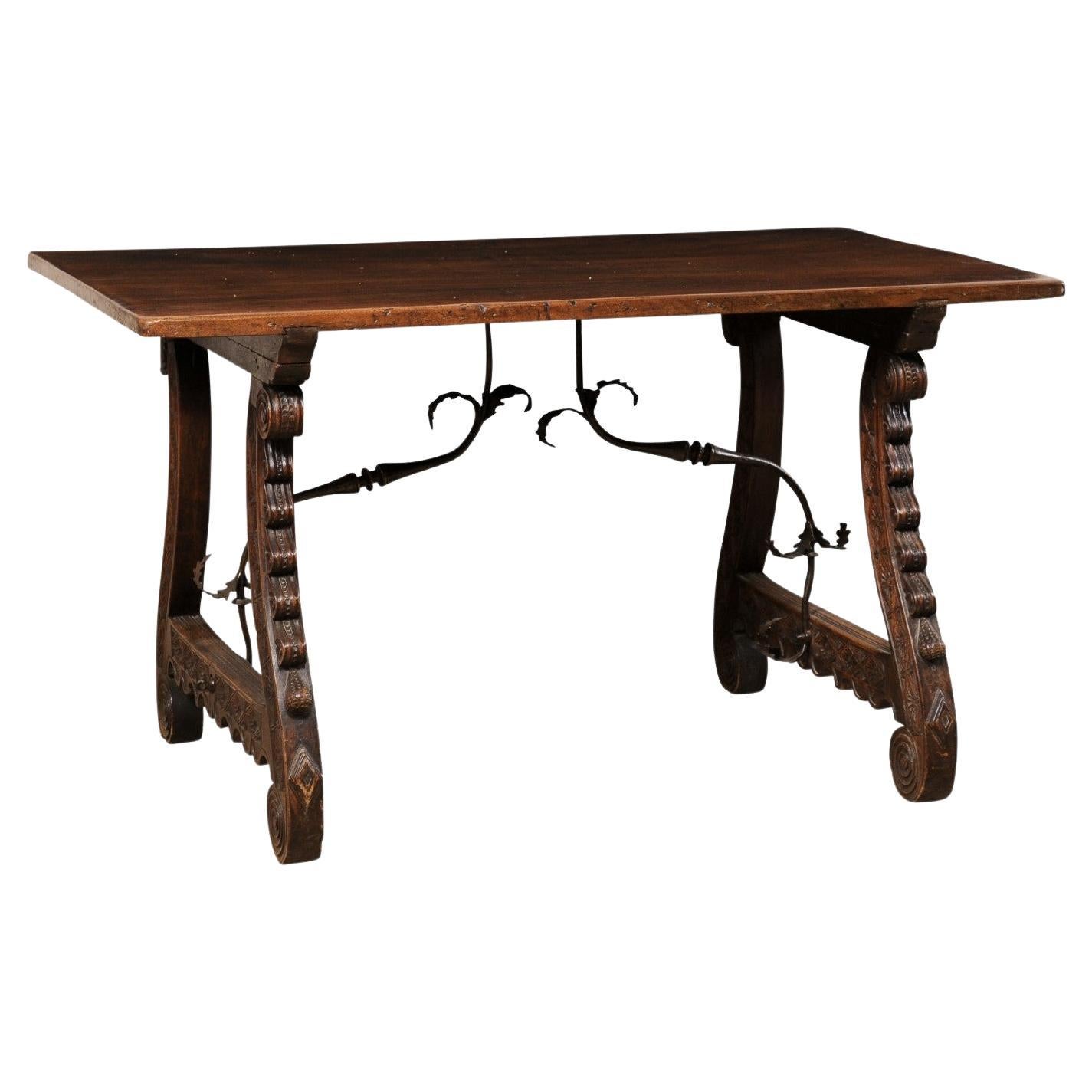 18th C. Italian Table w/Carved-Trestle Legs & Elegantly Forged Iron Stretchers