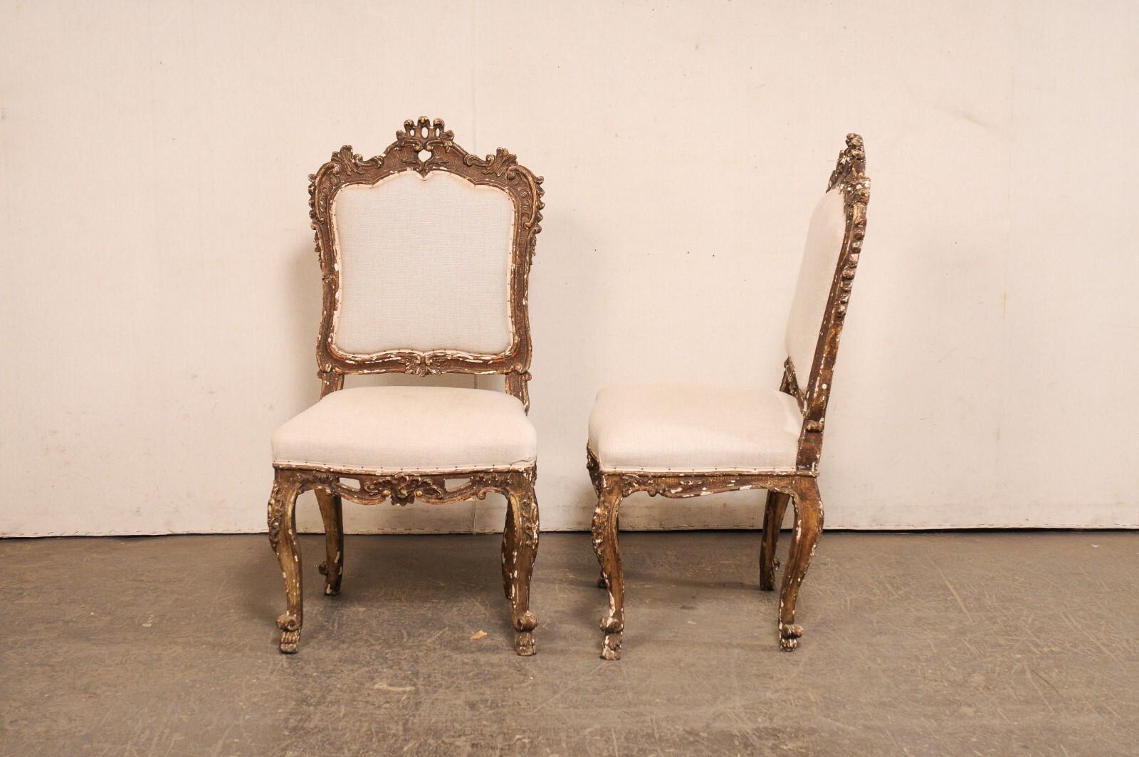 18th C. Italian Venetian Pair of Ornately Carved Side Chairs, Newly Upholstered For Sale 5