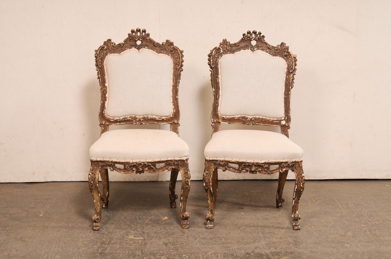18th C. Italian Venetian Pair of Ornately Carved Side Chairs, Newly Upholstered For Sale 6